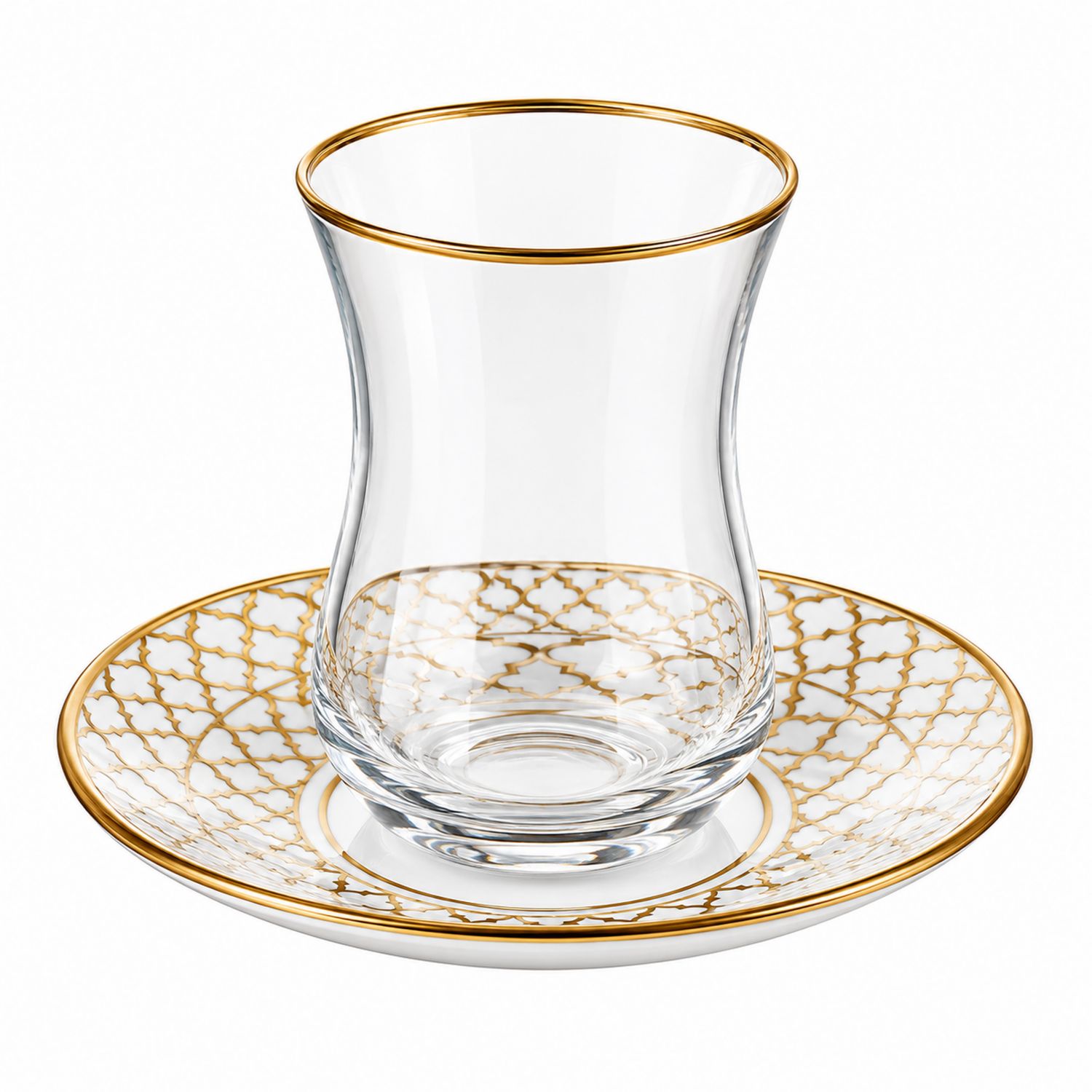 Set Bicchiere e Piattino in Cristallo con Decorazioni Dorate