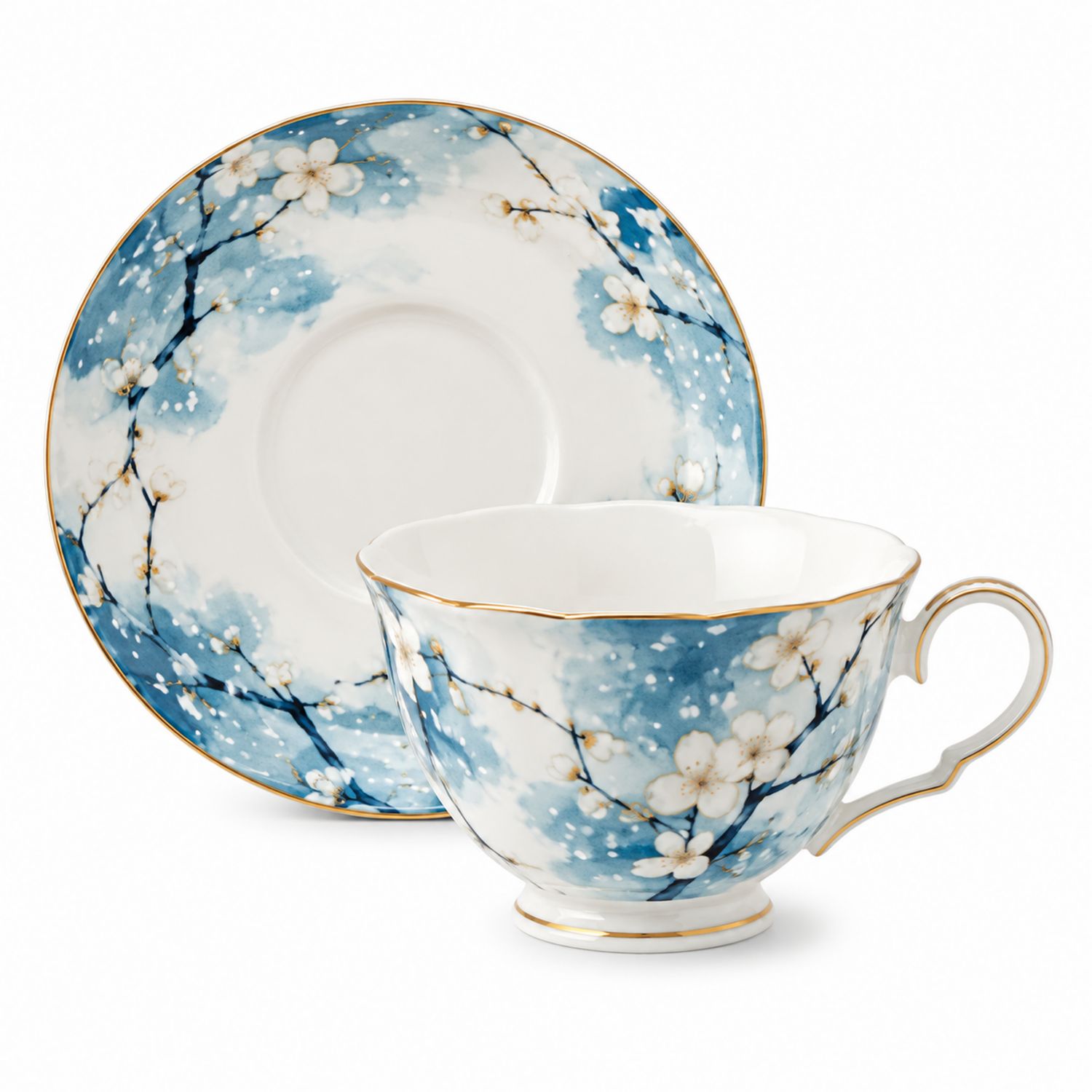 Set Tazza e Piattino in Porcellana Motivo Floreale Bianco/Blue