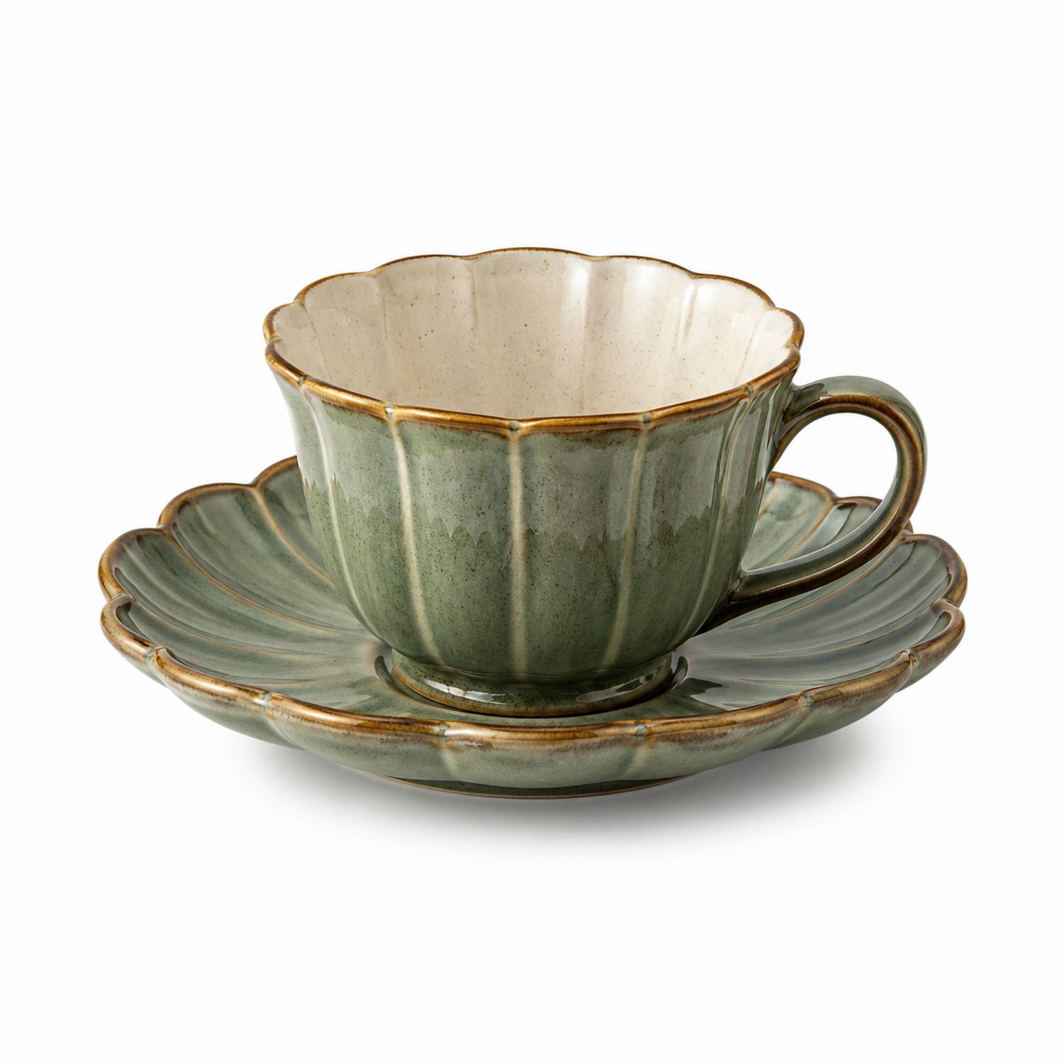 Tazza da tè con piattino in ceramica verde avorio