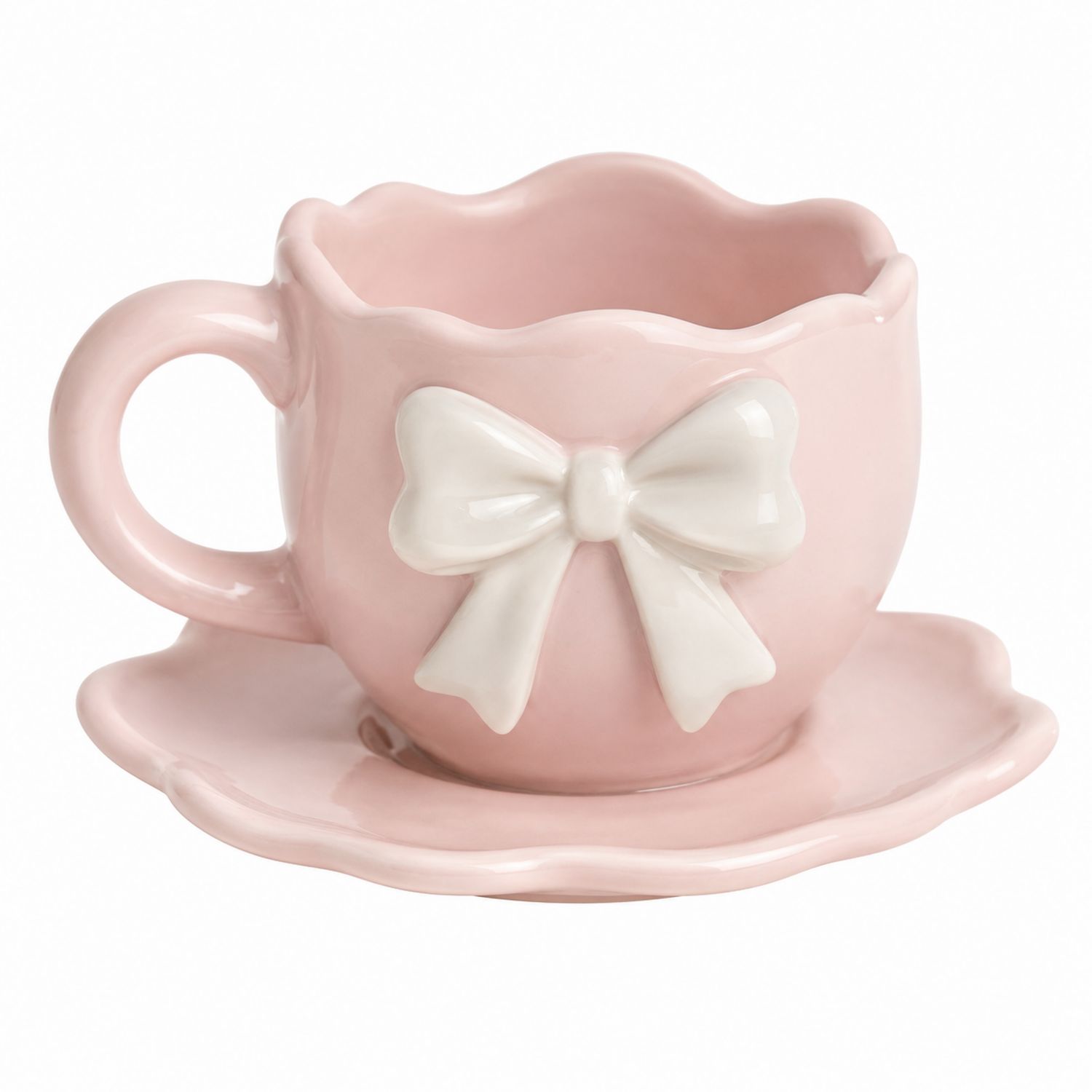 Elegante Tazza Rosa con Fiocco Bianco e Piattino