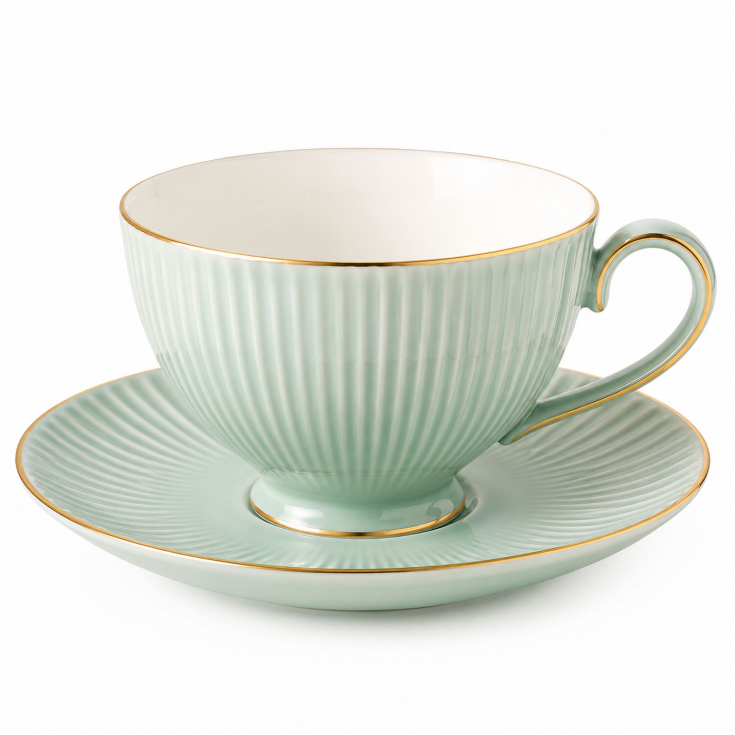 Set Tazza da Tè con Piattino Verde con Dettagli Dorati