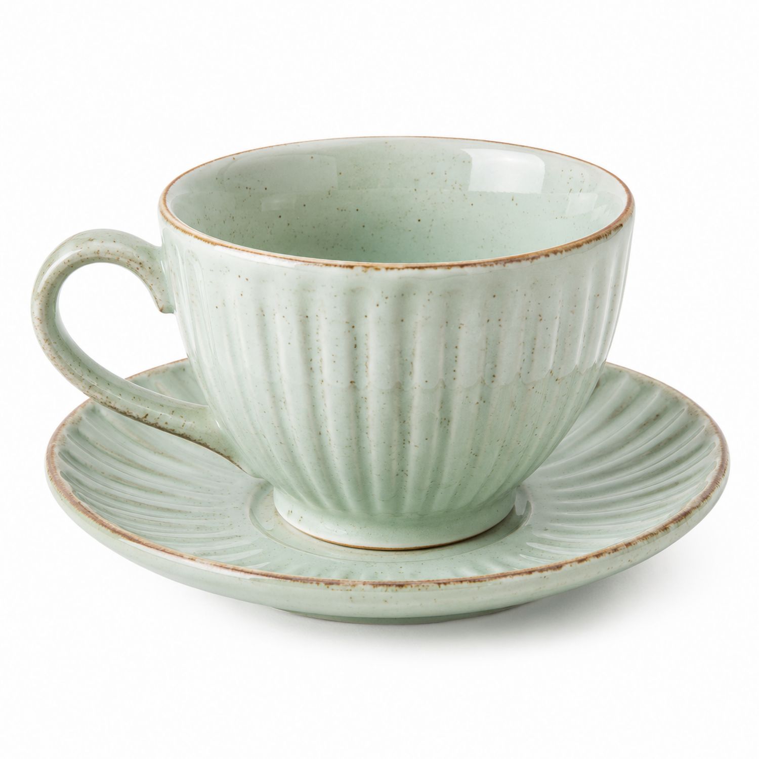 Tazza e Piattino Verde Salvia con Design a Coste