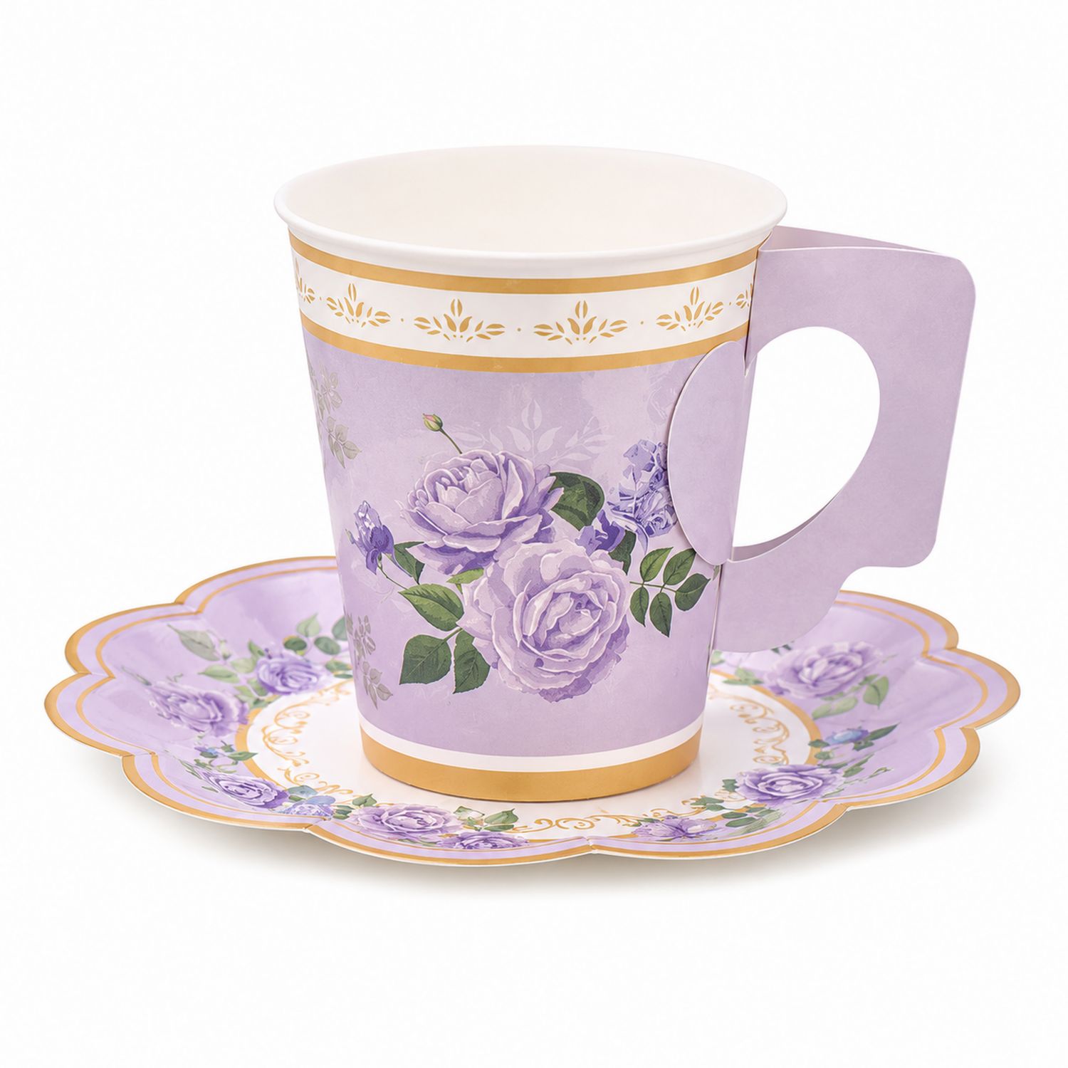 Set Tazza e Piattino in Carta con Motivo Floreale Lilla Romantico