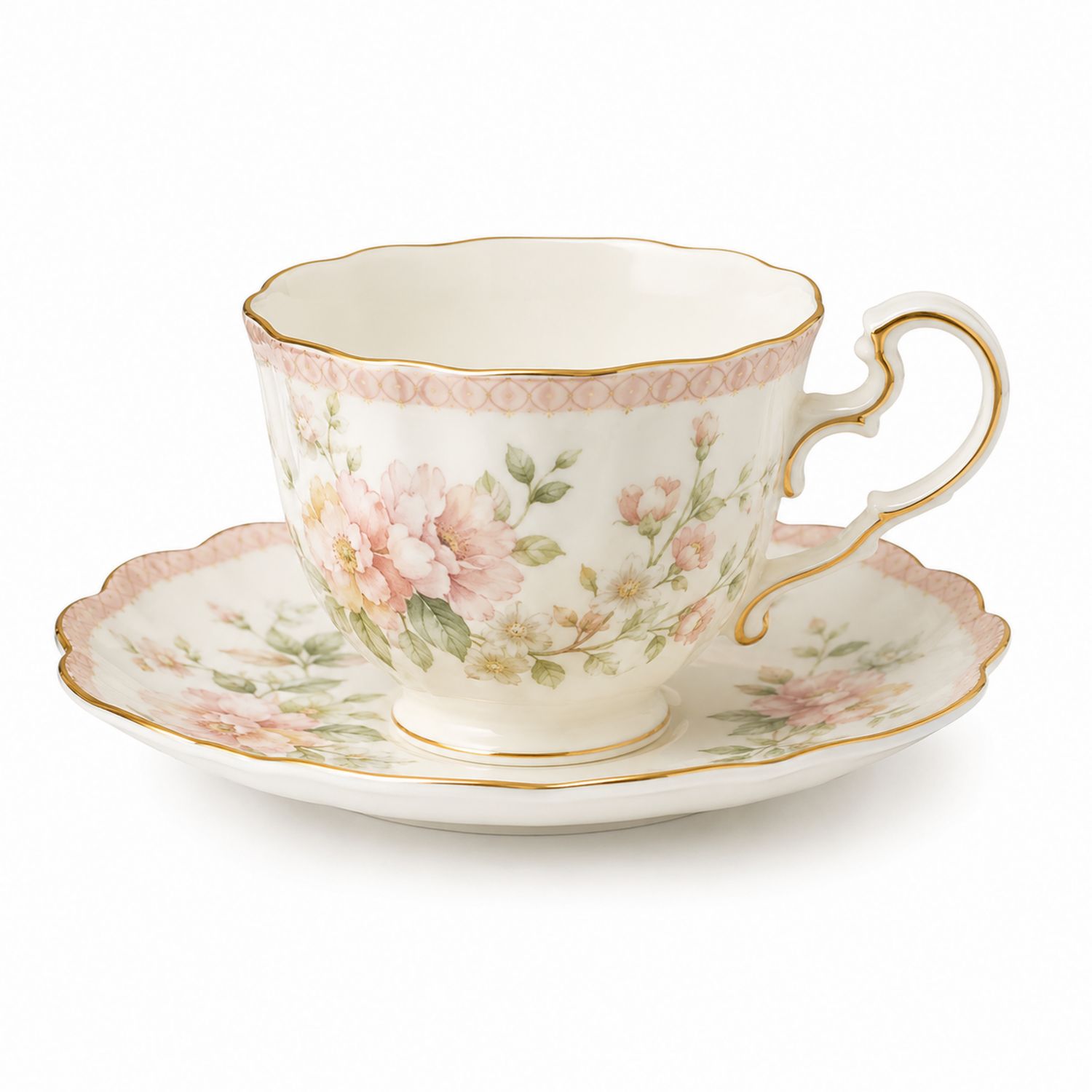 Tazza da tè in porcellana con decoro floreale pastello e bordi dorati