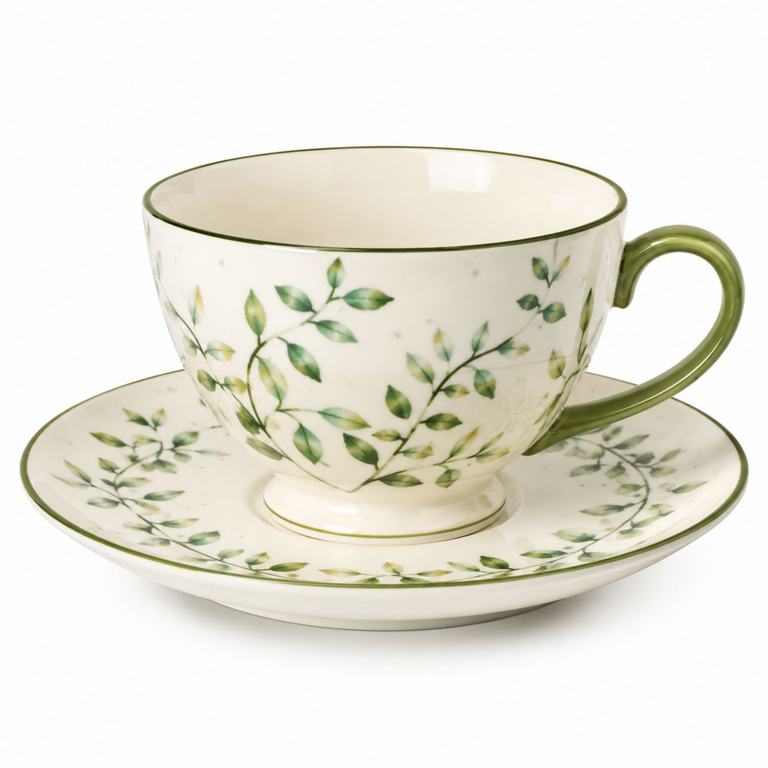 Tazza da Tè con Piattino Motivo Foglie, Bianco/Verde