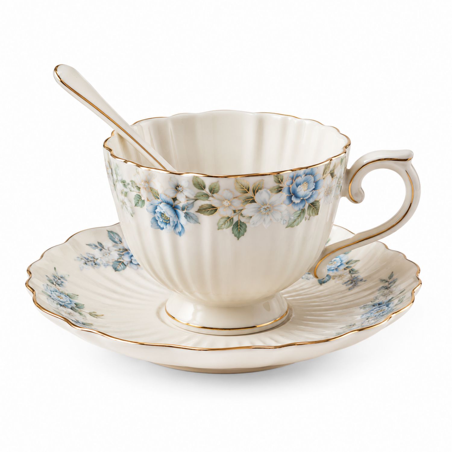 Set Tazza da Tè con Piattino e Cucchiaino Floreale Crema e Blu