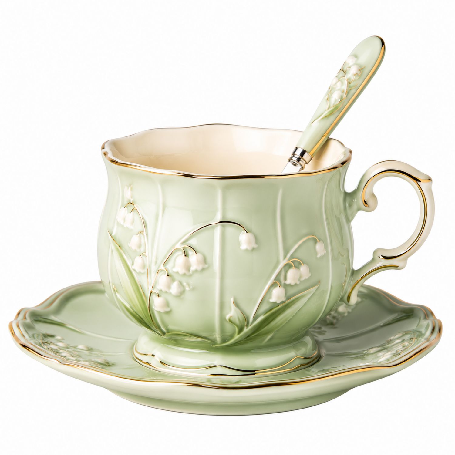 Tazza da Tè Verde con Bordo Dorato e Cucchiaino