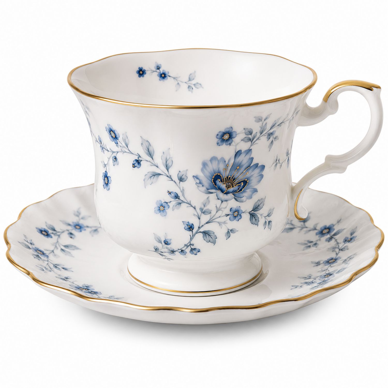 Tazza da tè con piattino decorata in bianco, blu e oro