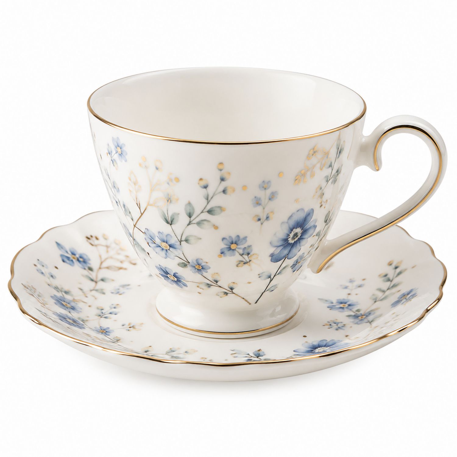 Servizio da Tè con Motivo Floreale Blu e Dettagli Oro