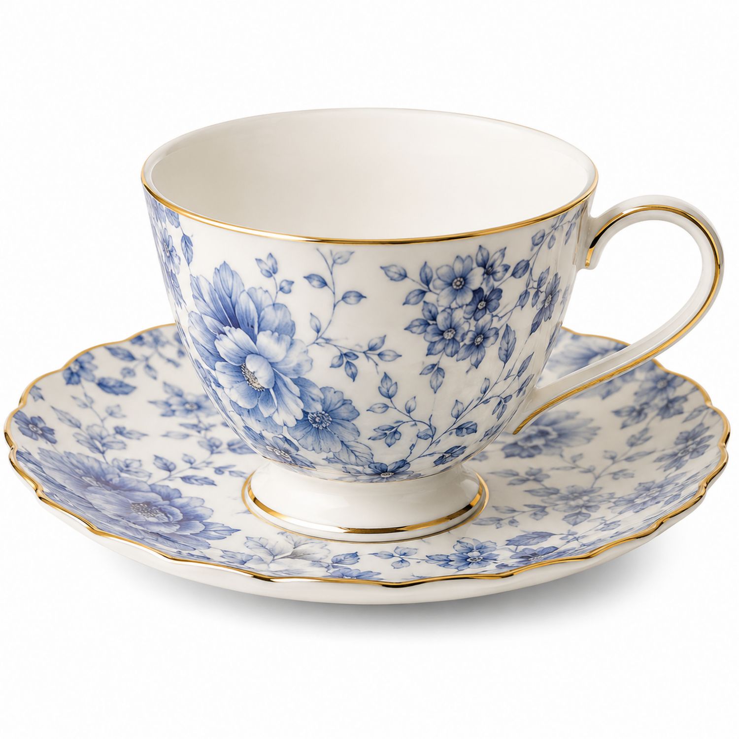 Set Tazza e Piattino con Motivo Floreale Blu e Oro