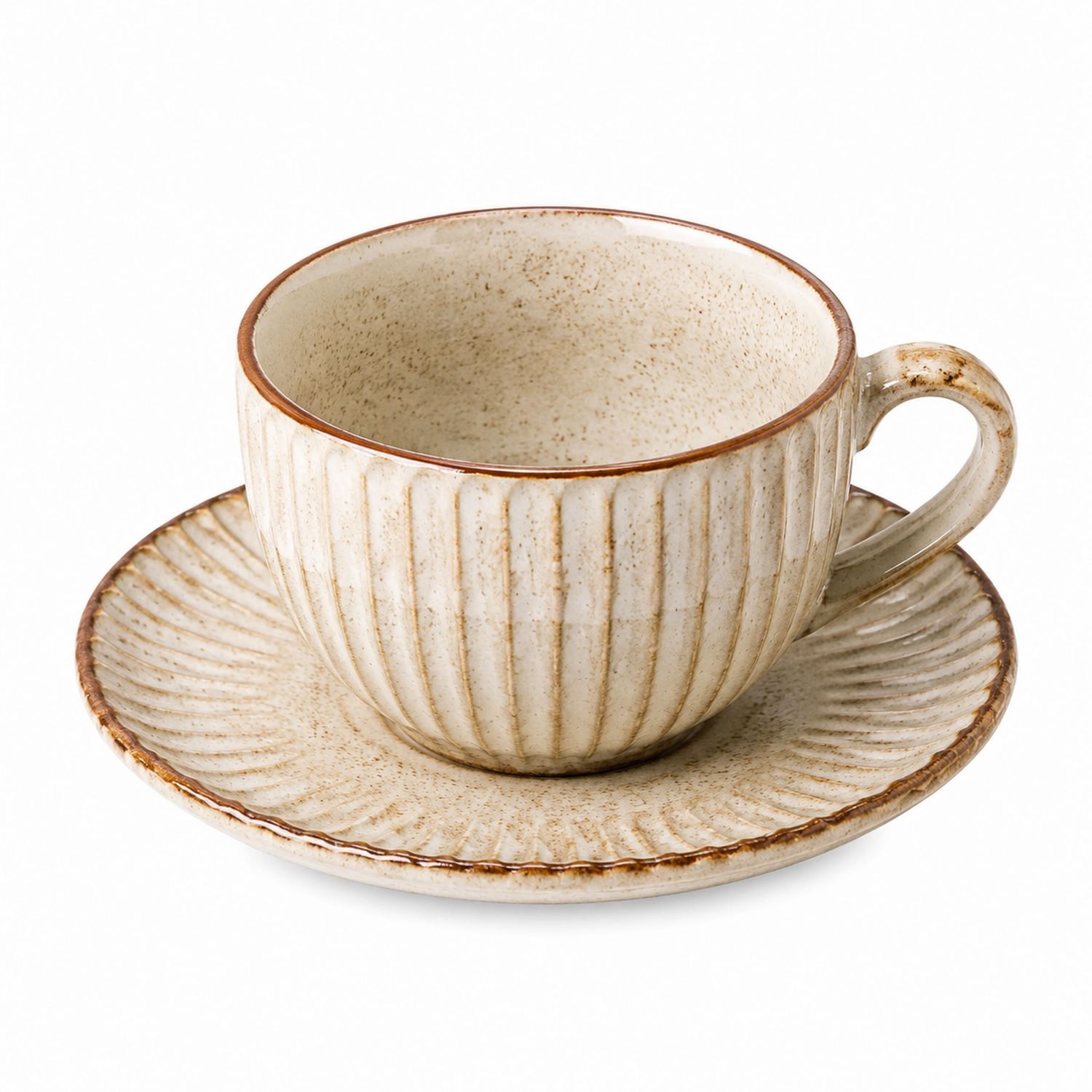 Set Tazza da Tè con Piattino Effetto Ondulato Beige 200ml
