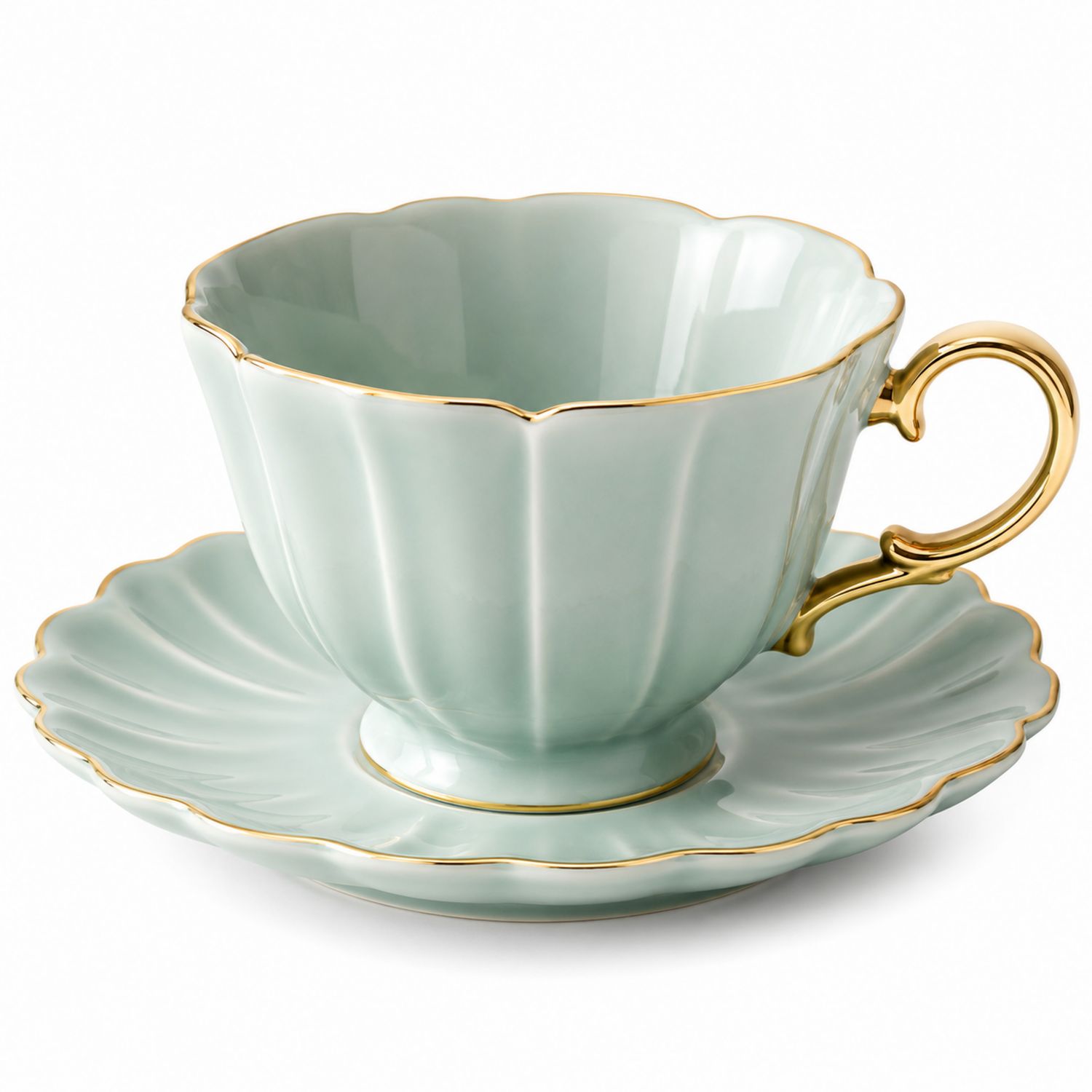 Tazza da tè in Porcellana Verde Pastello con Dettagli Dorati