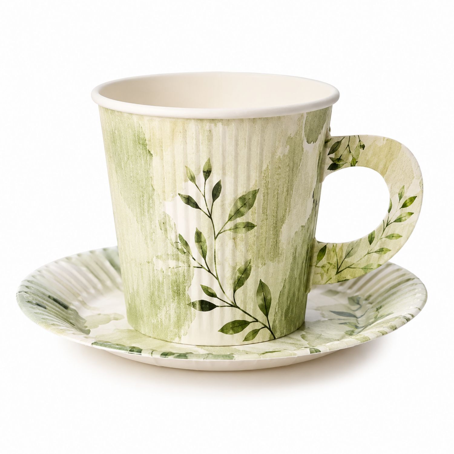 Set Monouso Tazza e Piattino con Motivo Foglie Verdi