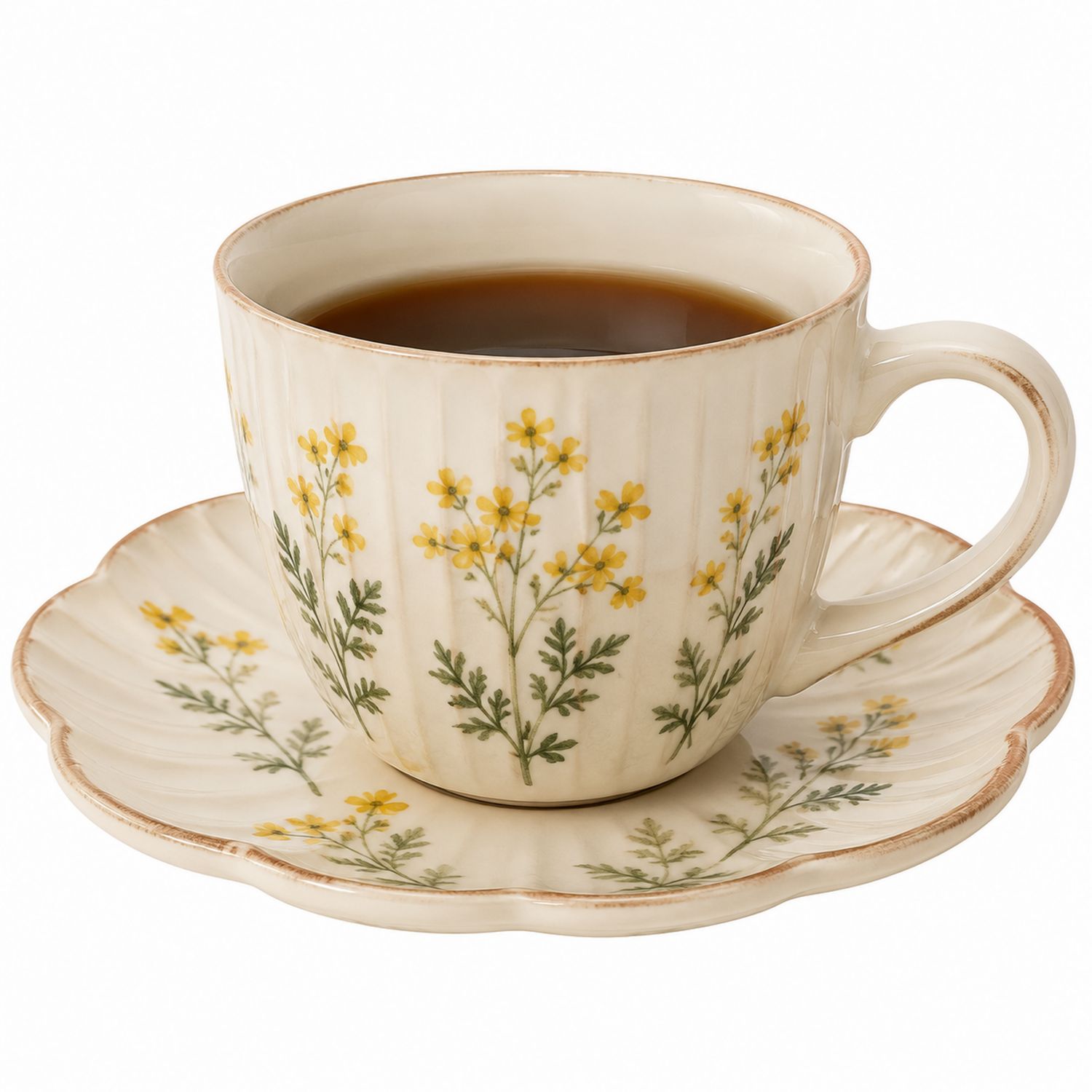 Set Tazzina da Caffè con Piattino, Crema e Giallo Floreale
