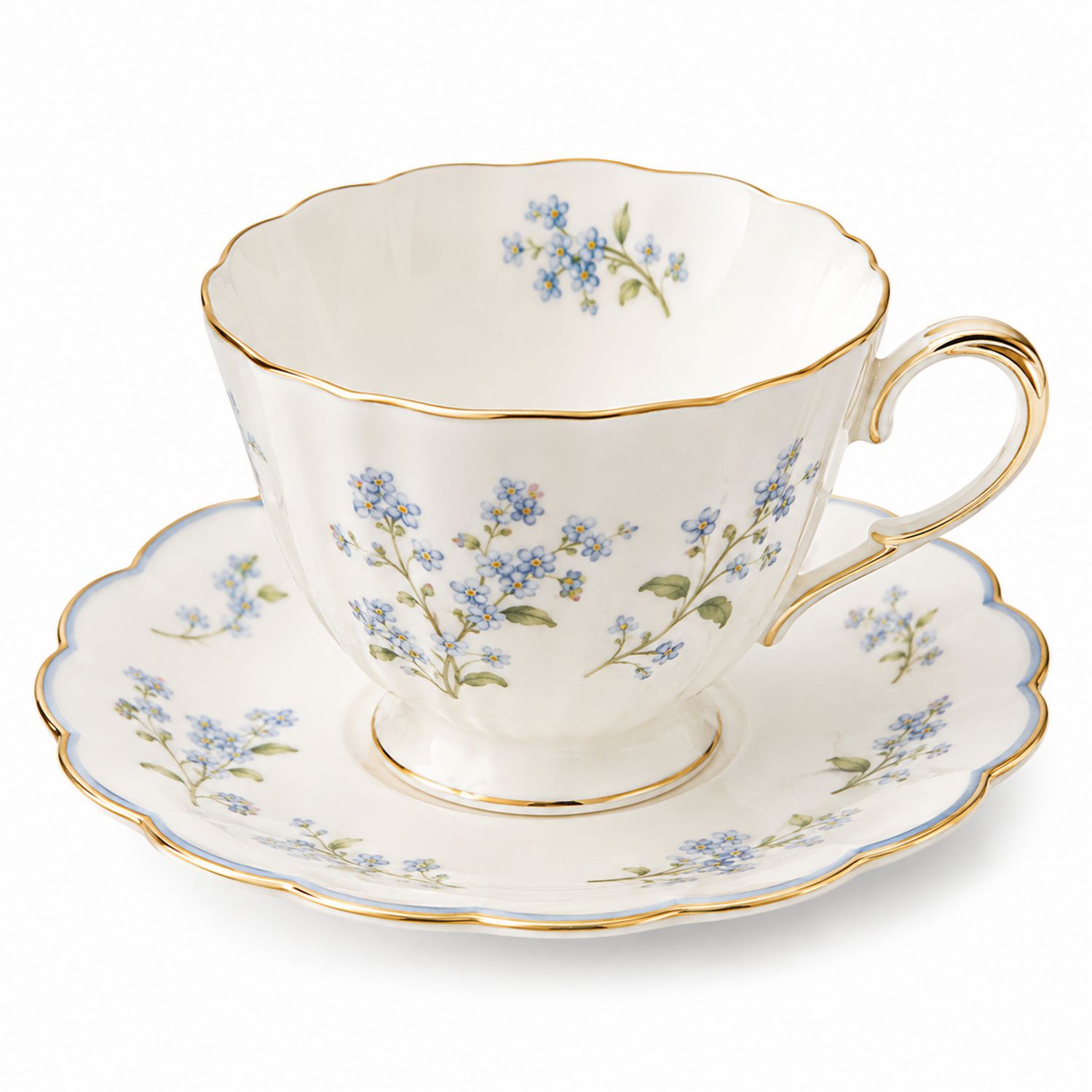 Tazza da Tè in Porcellana Floreale Blu con Bordo Dorato