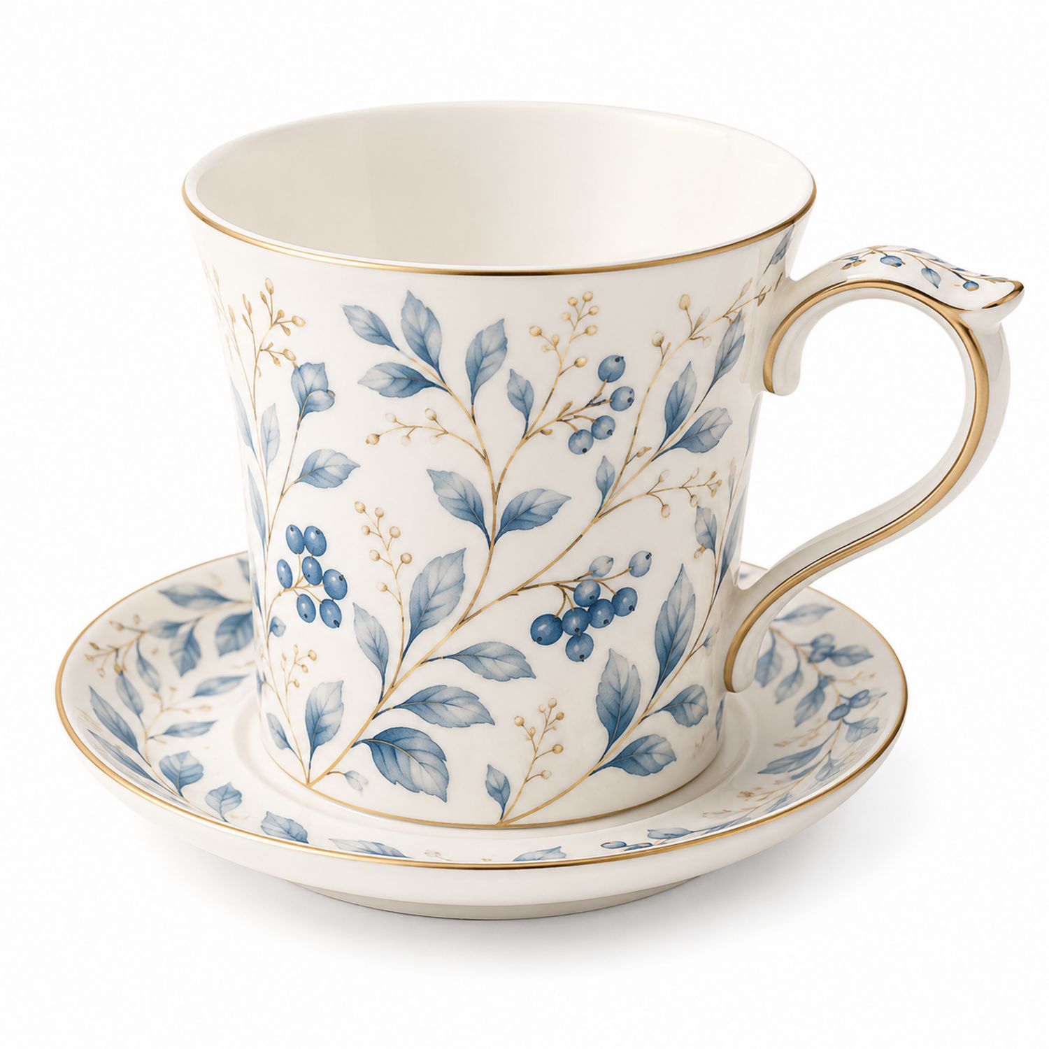 Set Tazza da Tè con Piattino Decorato Foglie Blu e Oro