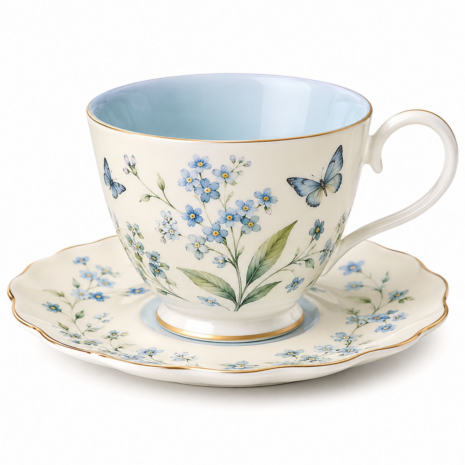 Tazza da tè in ceramica con piattino floreale e farfalle blu 250ml