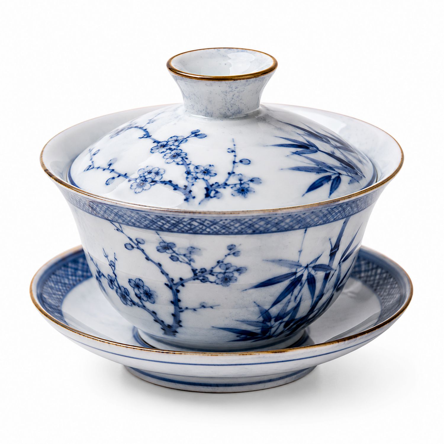 Gaiwan in Porcellana Bianco e Blu con Coperchio e Piatto
