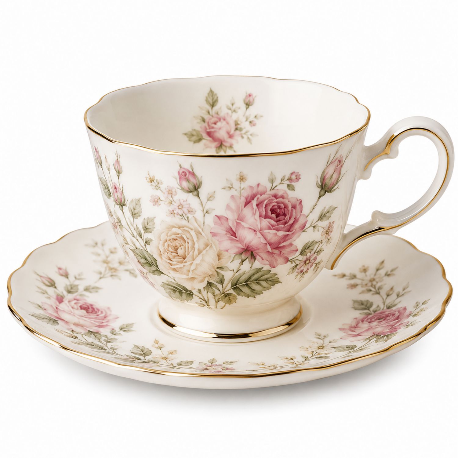 Tazza da tè in porcellana con motivo floreale bianco e rosa
