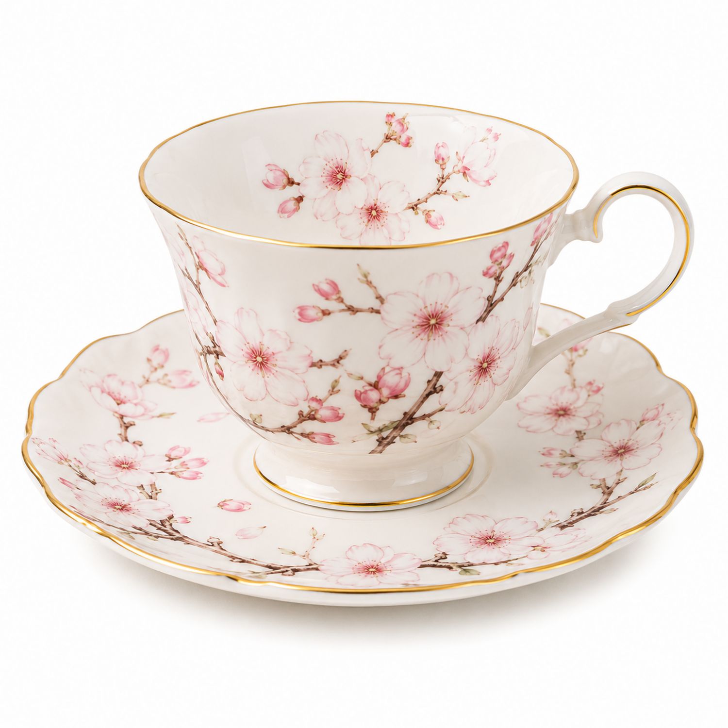 Tazza e Piattino in Porcellana con Fiori di Ciliegio