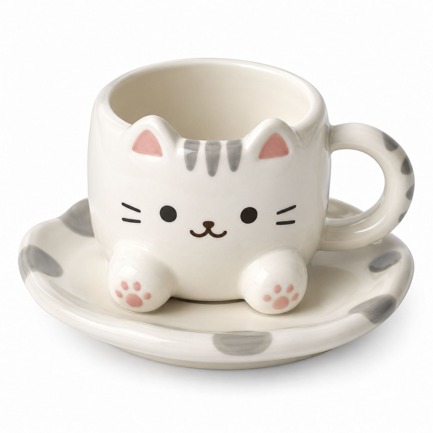 Tazza a Forma di Gattino con Piattino, 250ml, Bianco/Grigio