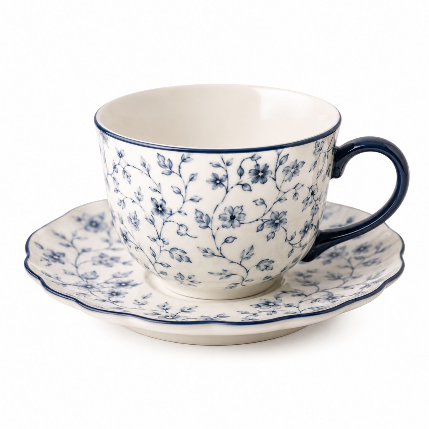 Set Tazza da Tè e Piattino con Motivo Floreale Blu