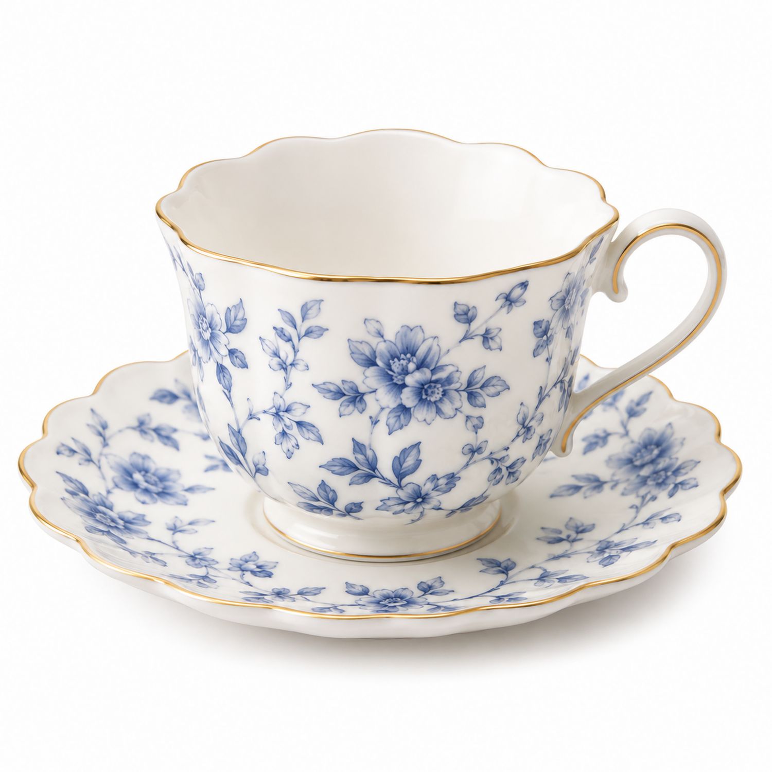 Set Tazza da Tè in Porcellana con Motivi Floreali Blu e Bordo Dorato