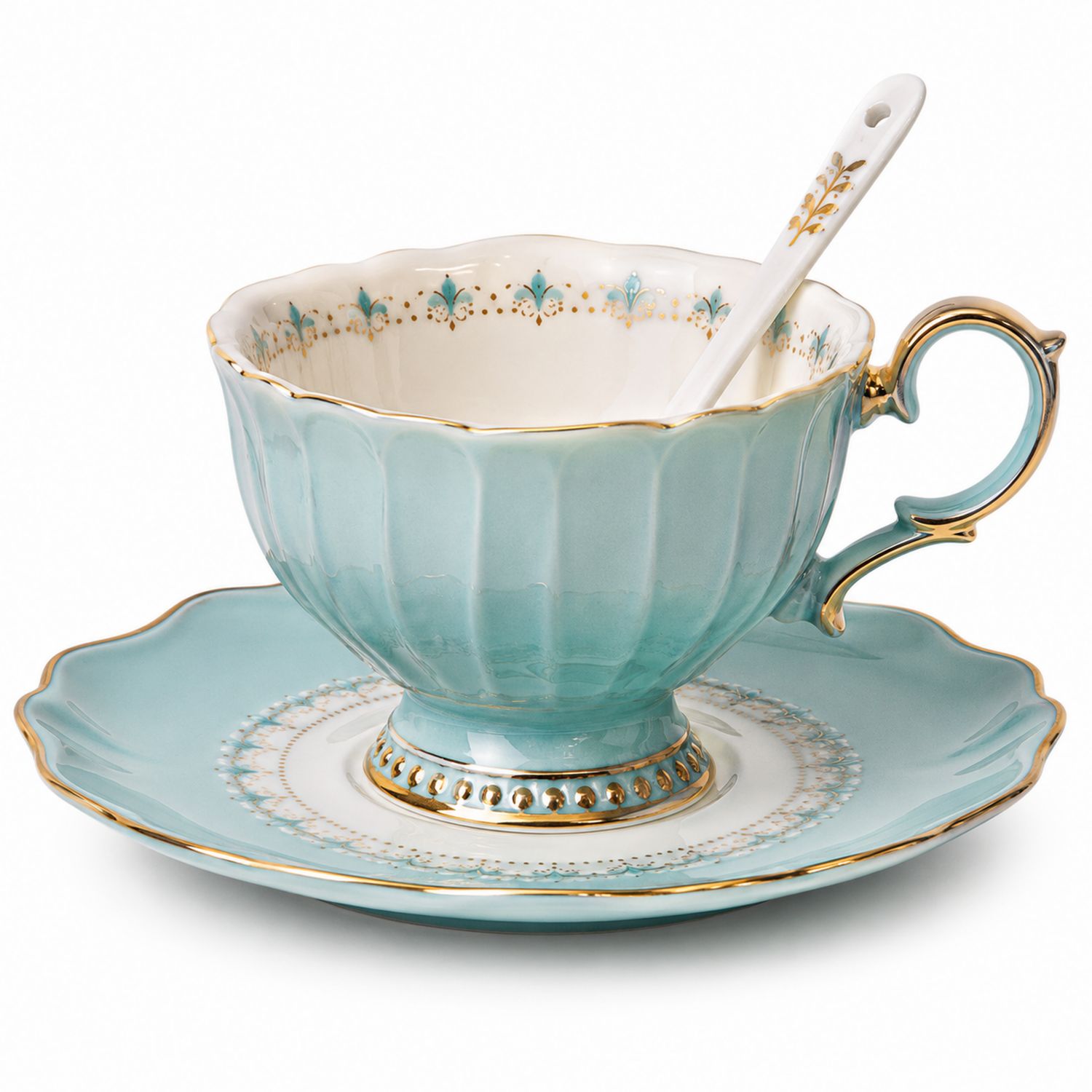 Set da Tè Porcellana Verde con Decorazioni Dorate