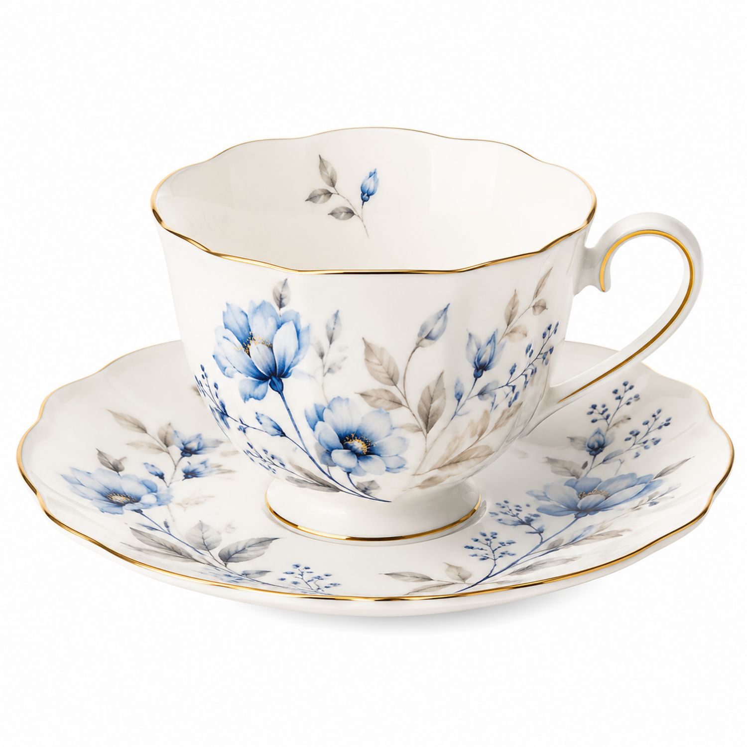 Set Tazza e Piattino da Tè in Porcellana con Fiori Blu e Bordo Dorato