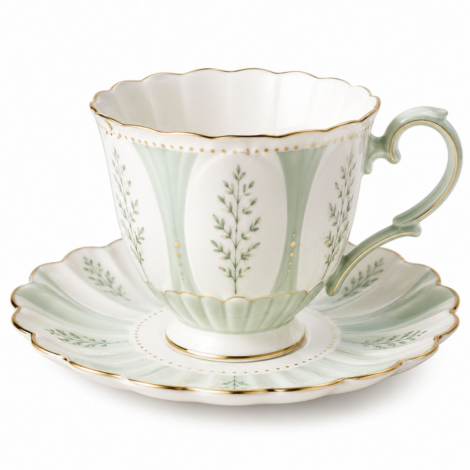 Tazza da tè in porcellana con piattino verde e decorazioni dorate