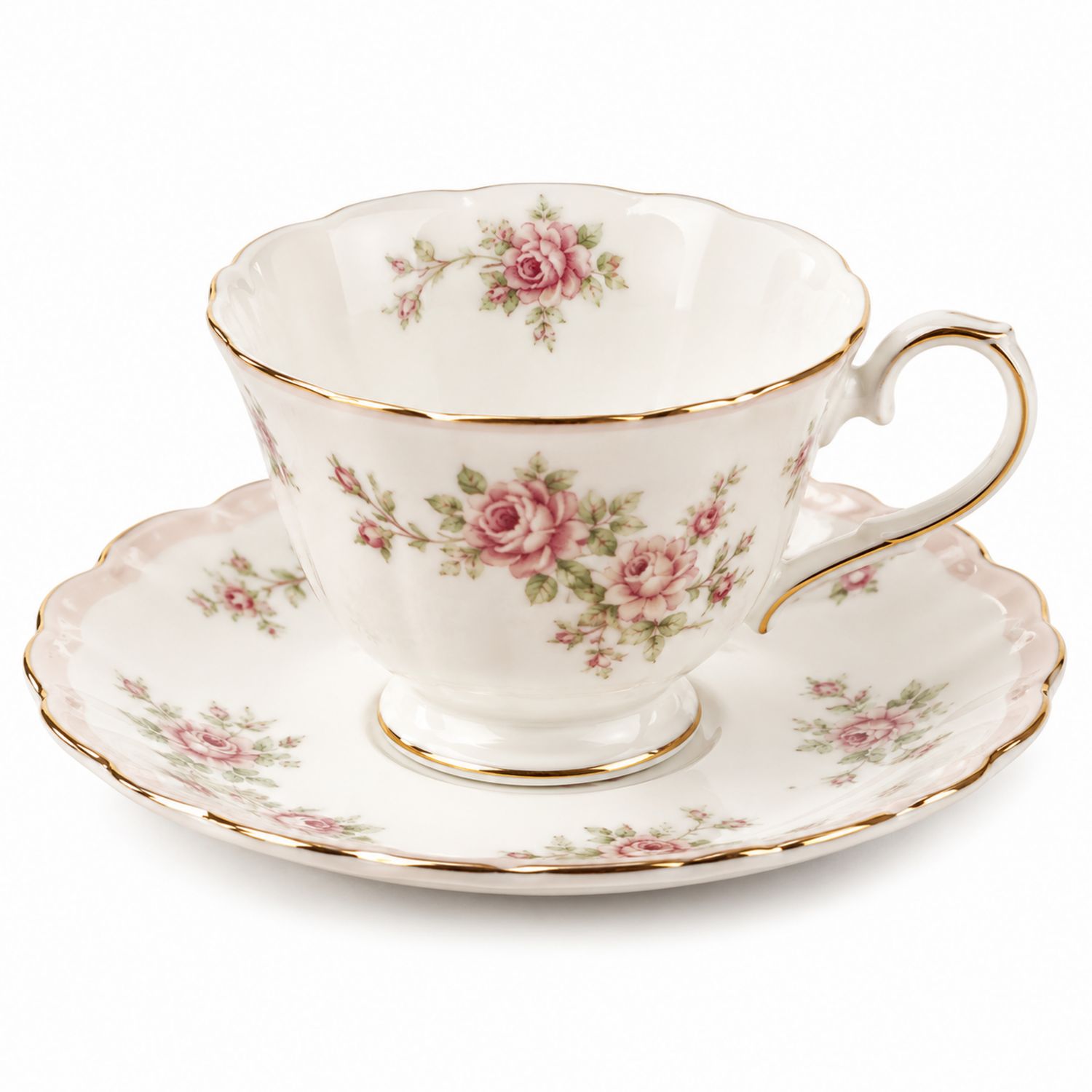 Tazza da Tè in Porcellana con Fiori Rosa e Rifiniture Dorate