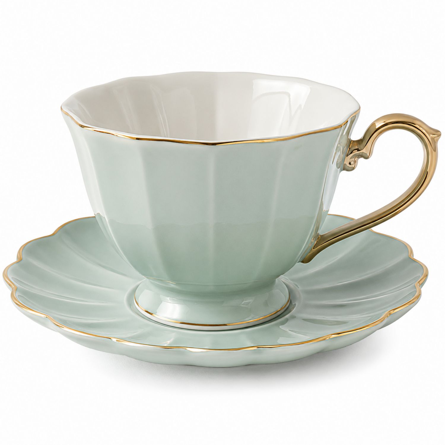 Tazza da tè verde menta con piattino e bordo dorato
