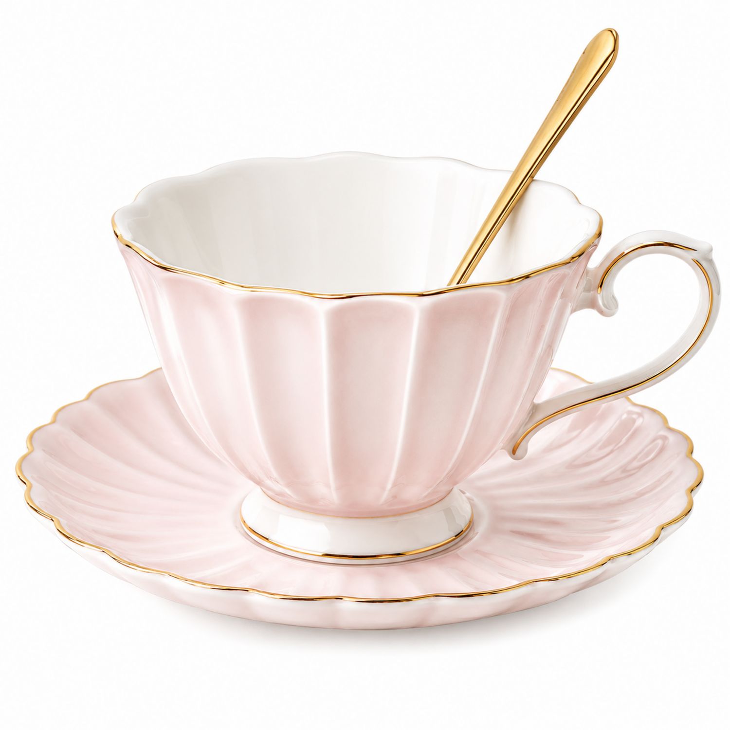 Set Tazza da tè Porcellana Rosa con Piattino e Cucchiaino Dorato