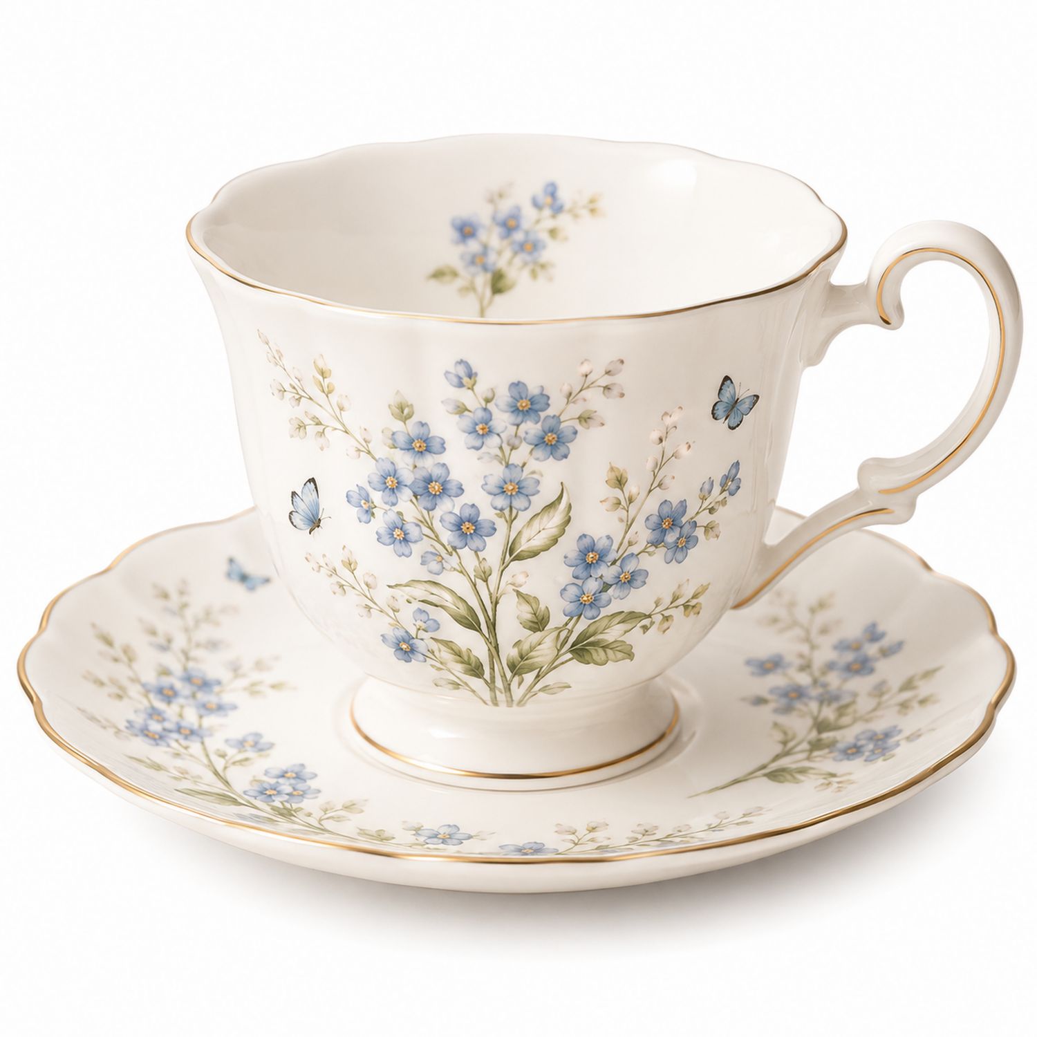 Set di Tazza da Tè in Porcellana con Fiori Azzurri e Bordi Dorati
