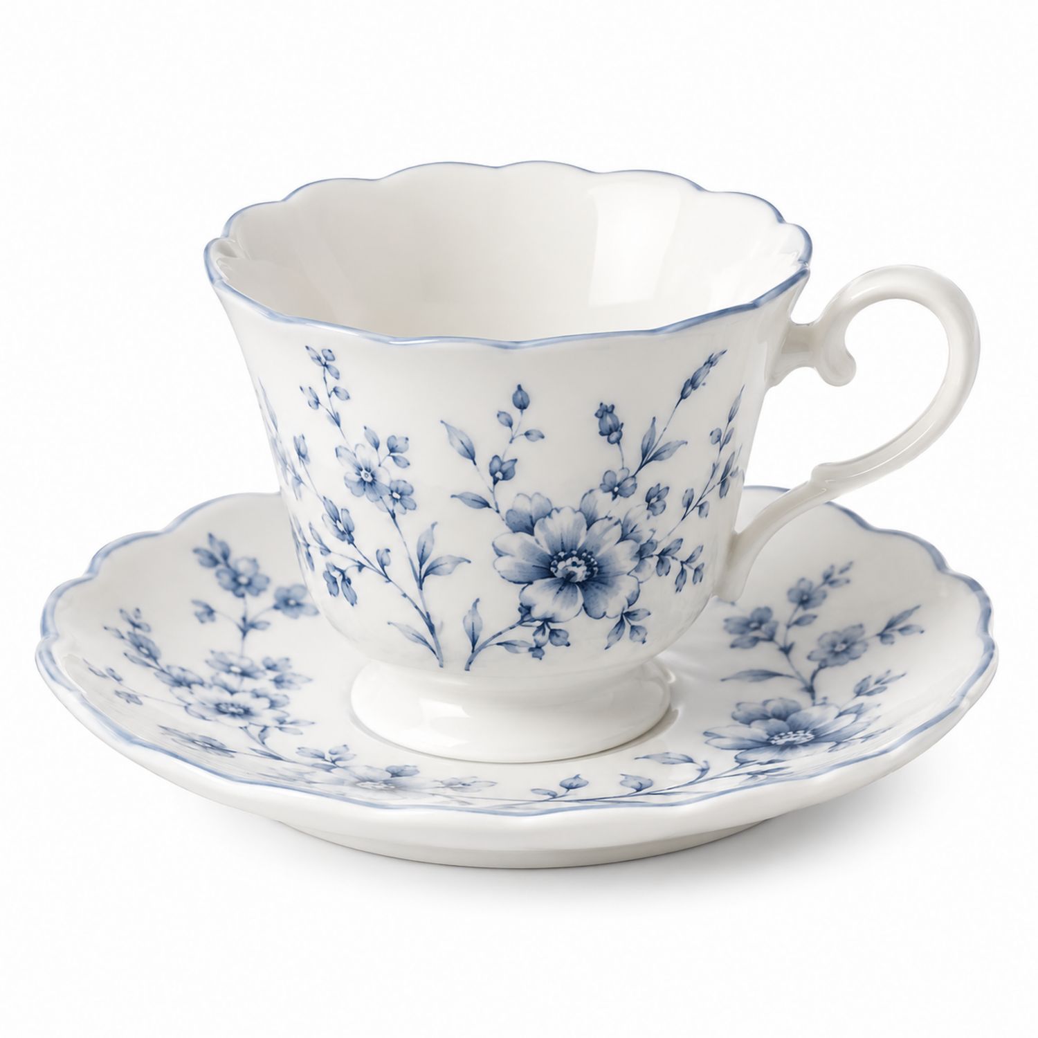 Tazza da Tè in Porcellana con Decoro Floreale Blu e Piattino Abbinato