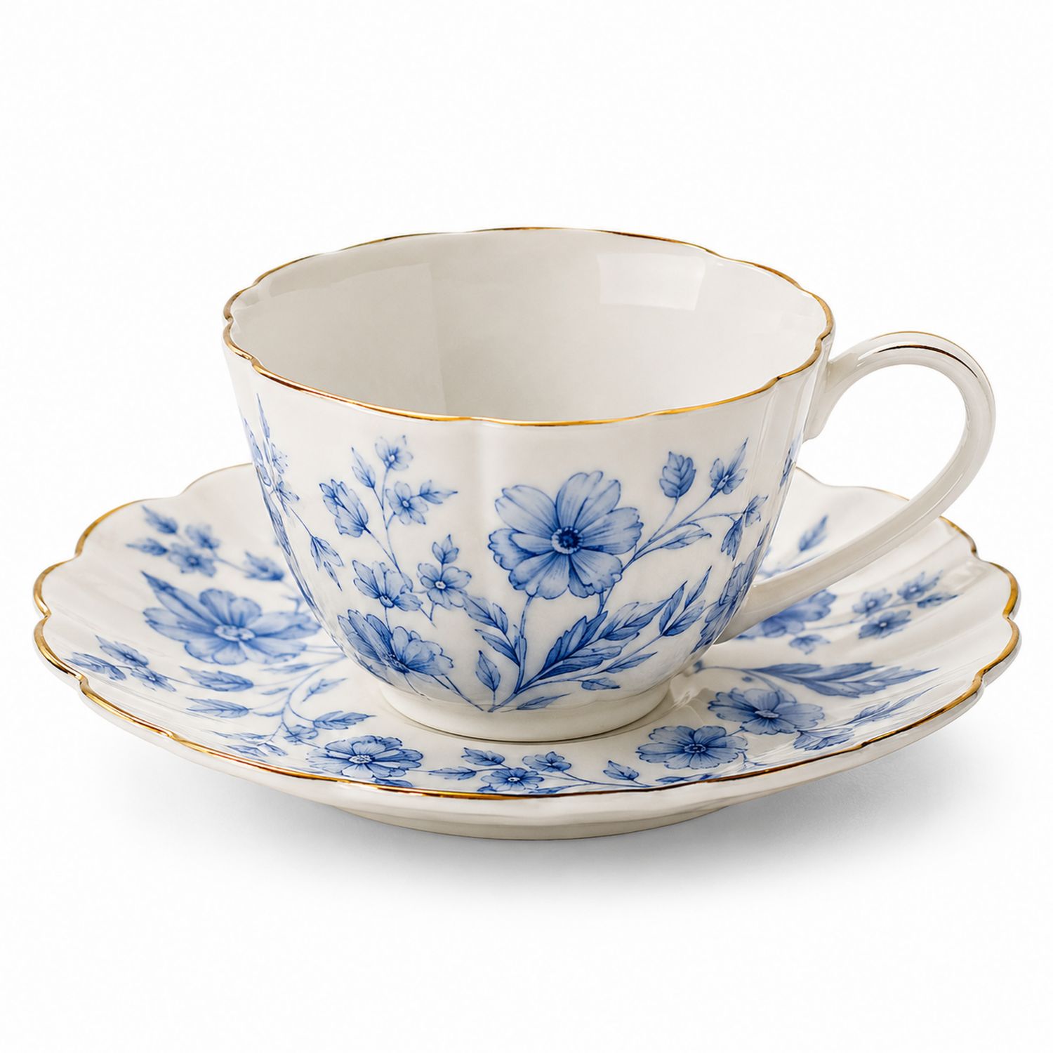 Set Tazza e Piattino in Porcellana con Motivo Floreale Blu e Bordo Dorato