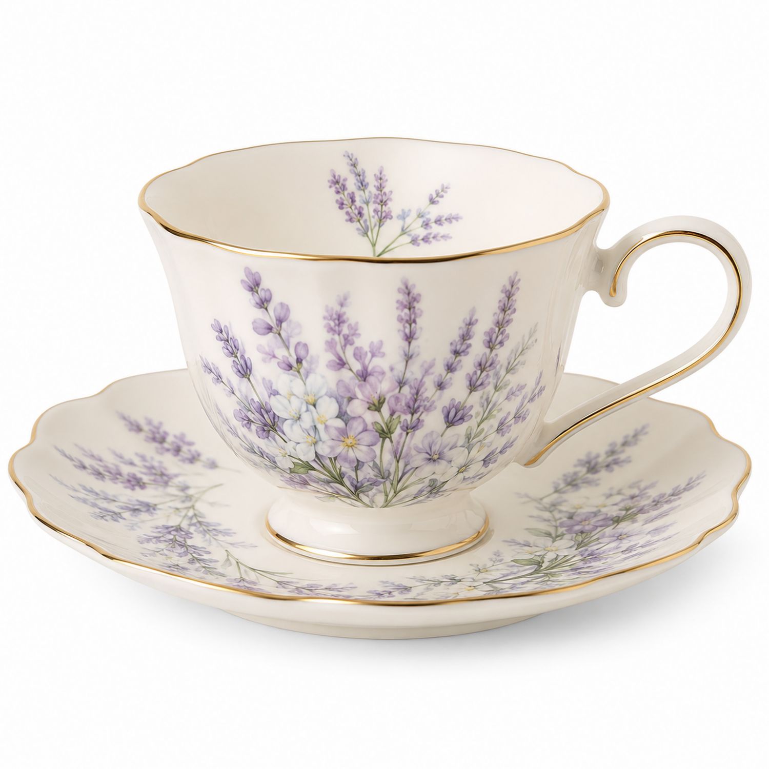 Set Tazza e Piattino in Porcellana con Decorazioni Floreali Lavanda