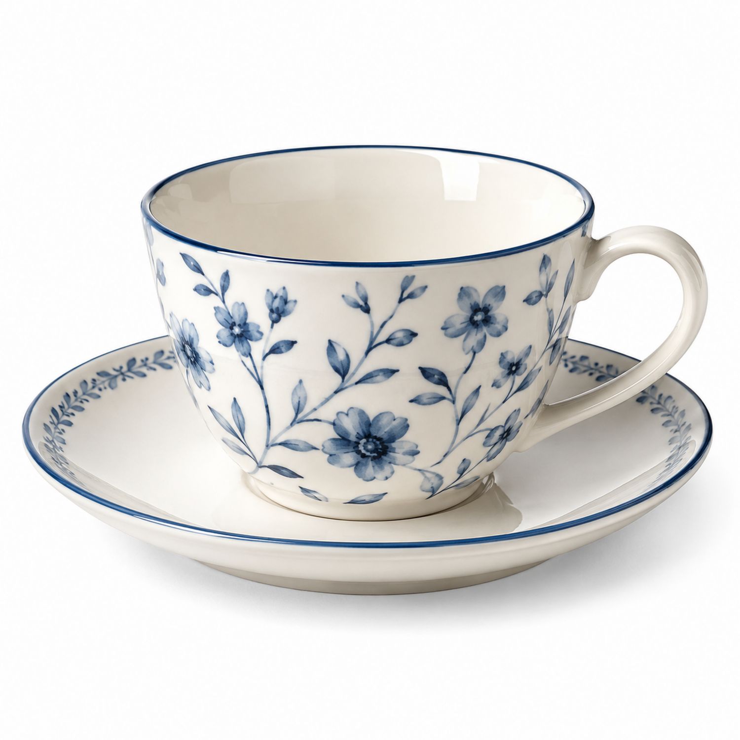 Tazza da tè in porcellana con piattino decorato floreale blu e bianco