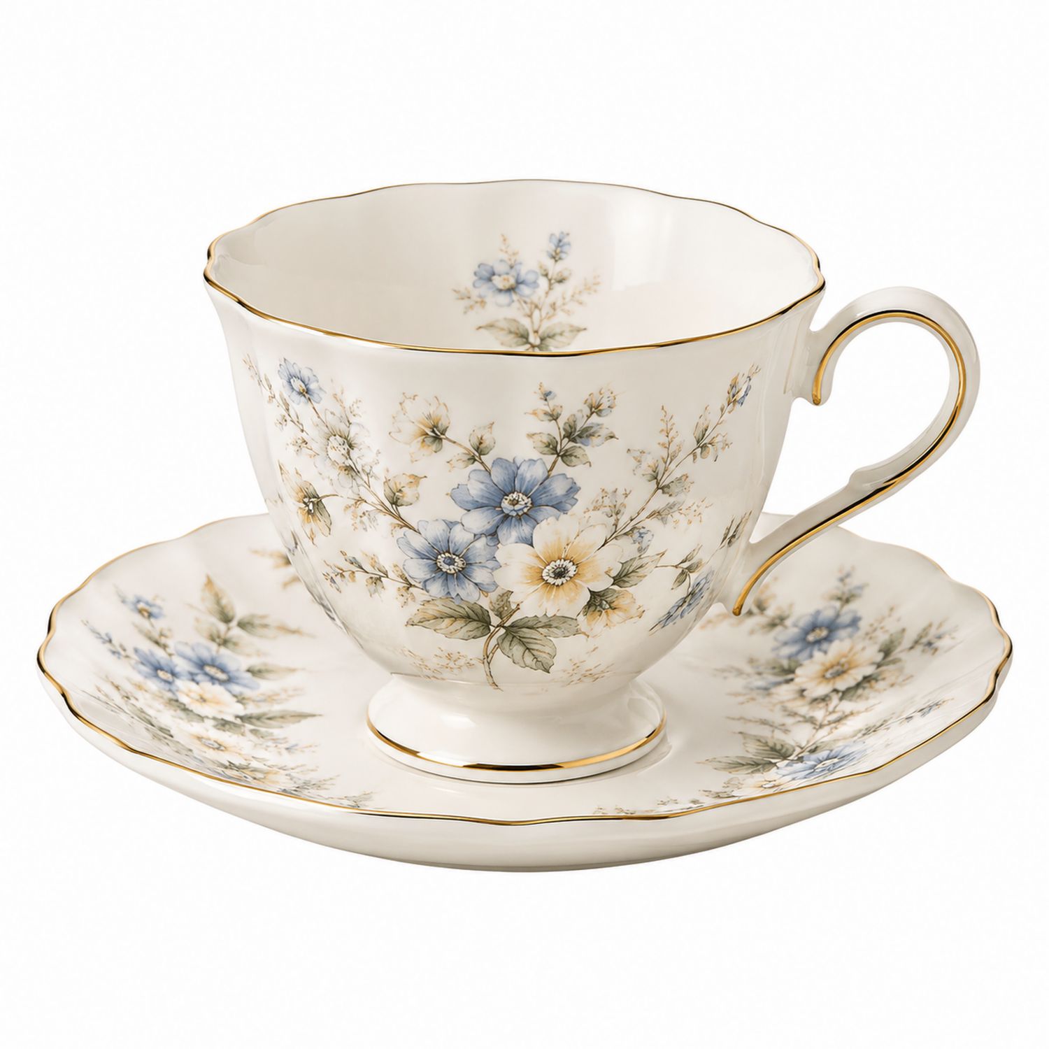 Tazza da Tè con Piattino Motivo Floreale Blu e Oro