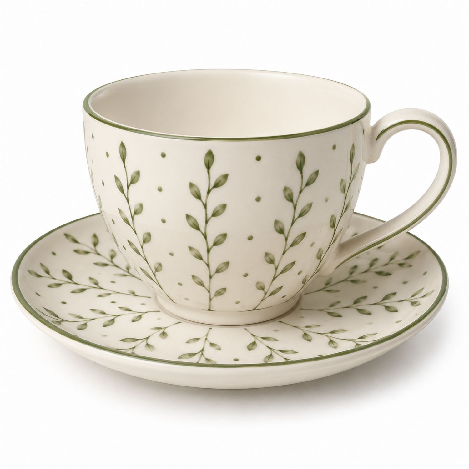 Set Tazza da Tè in Ceramica Bianca con Motivo Vegetale Verde e Piattino