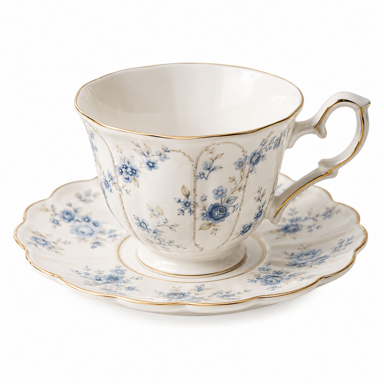 Tazza da Tè in Porcellana con Motivo Floreale Blu Bianco