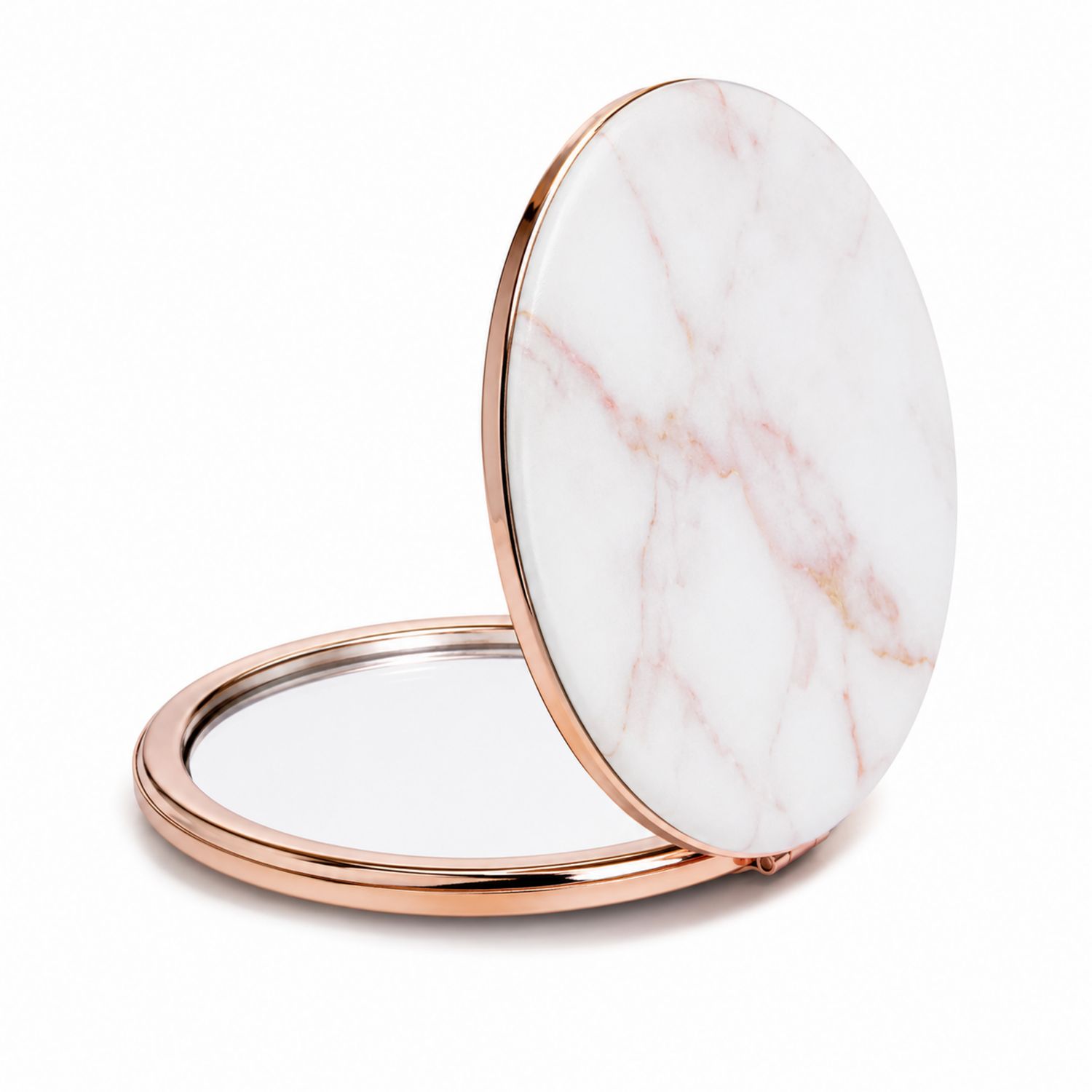 Specchio Tascabile Rotondo con Effetto Marmo Bianco e Oro Rosa