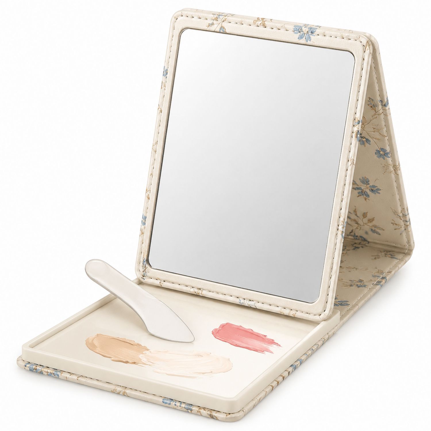 Specchio da Trucco Portatile con Palette e Spatola - Crema e Floreale
