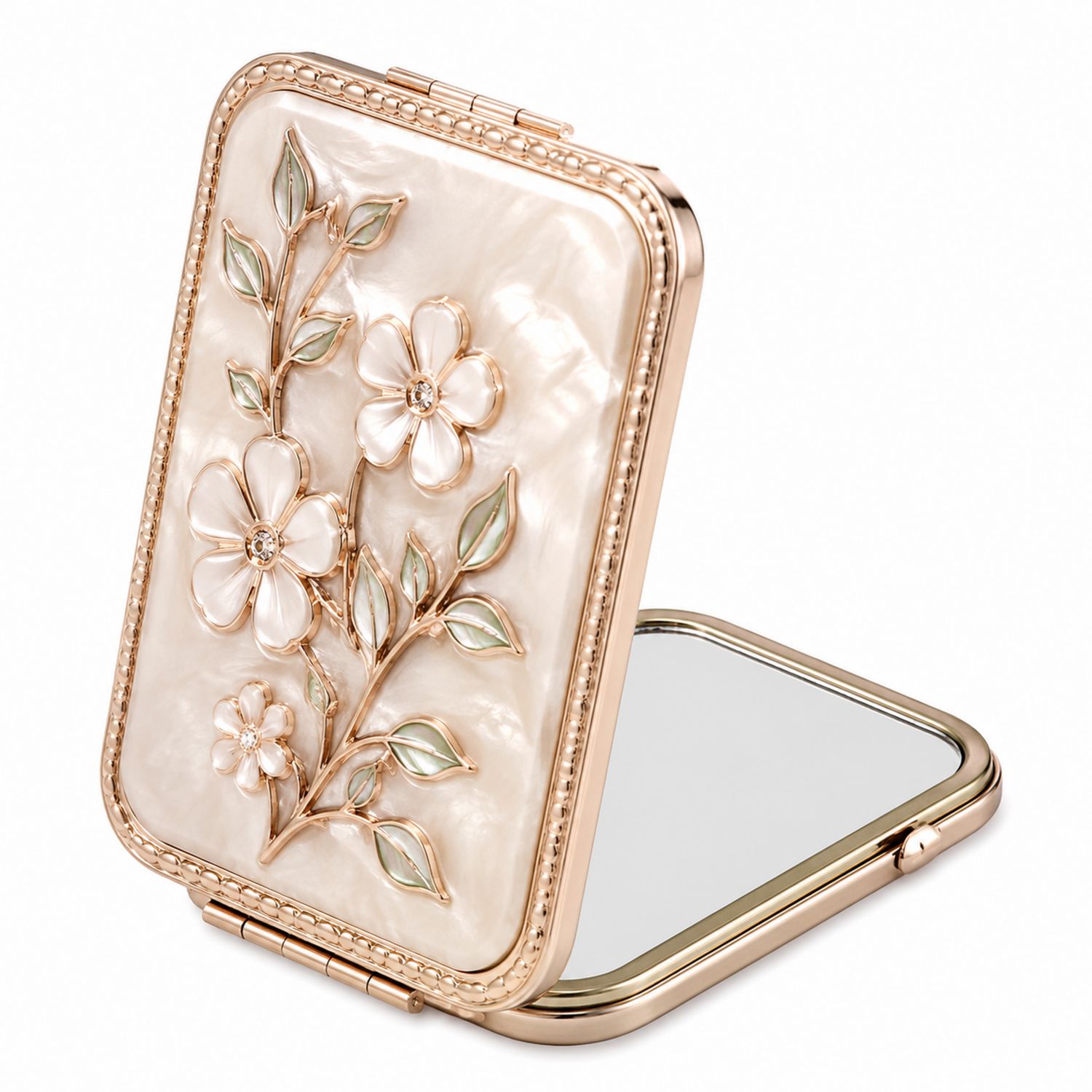 Specchio da Trucco Portatile con Decorazione Floreale in Oro e Panna