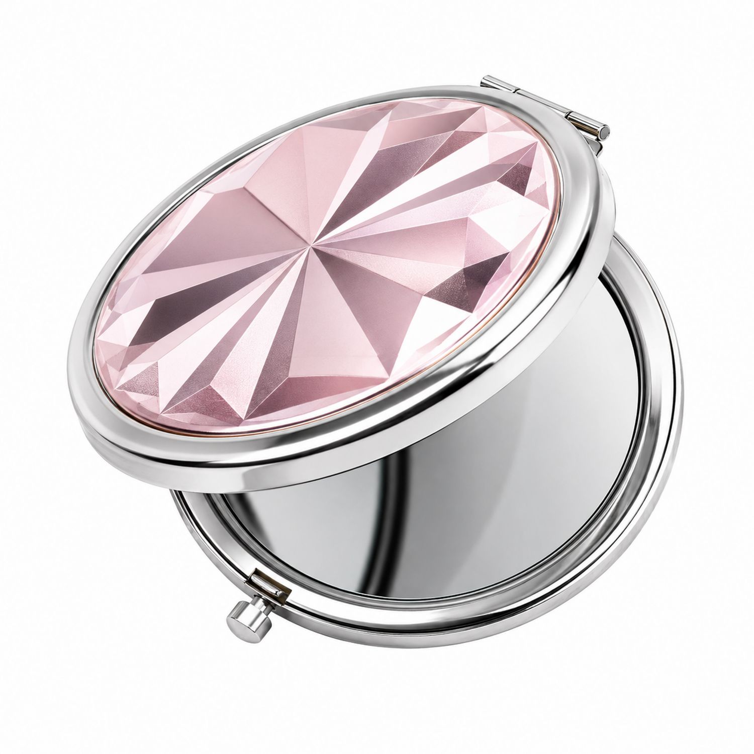 Specchietto Tascabile con Cristallo Sfaccettato Rosa, 7 cm
