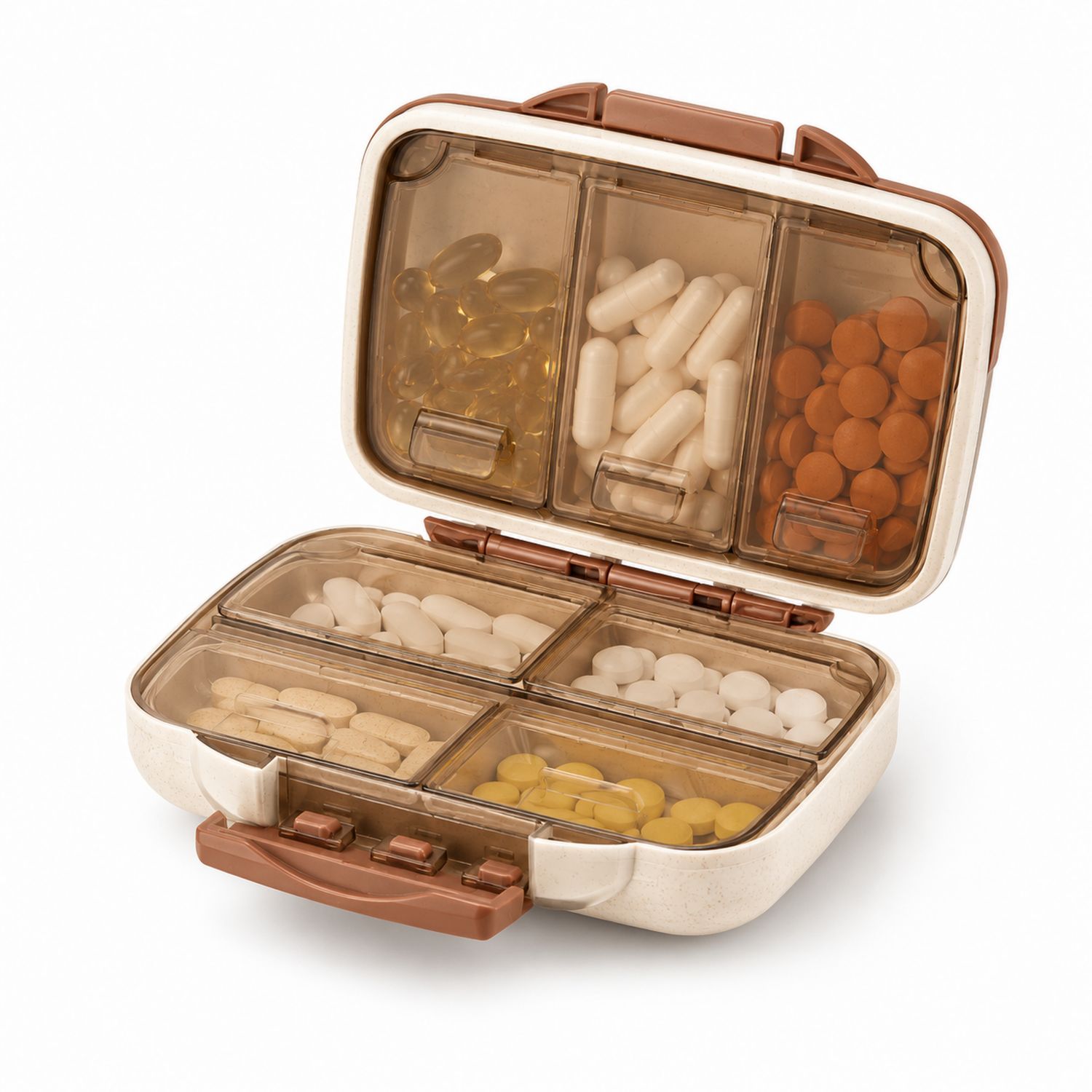 Kompakte Pillendose mit 6 Fächern Braun/Beige