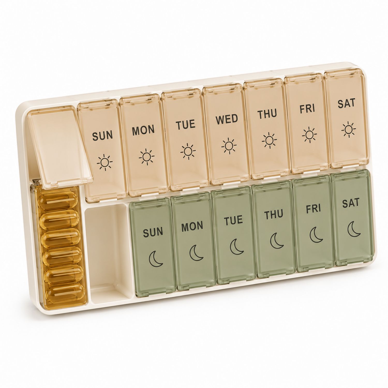 Wöchentlicher Pillen-Organizer mit Tages- und Nachttrennung, Beige/Grün