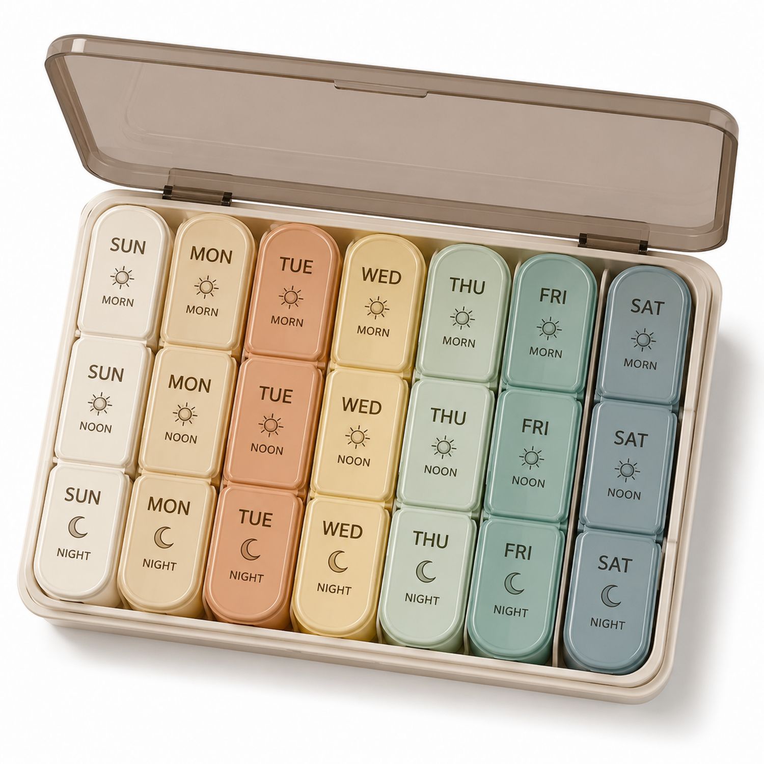 Wöchentlicher Tablettenorganizer mit 21 Fächern für Morgen, Mittag, Abend