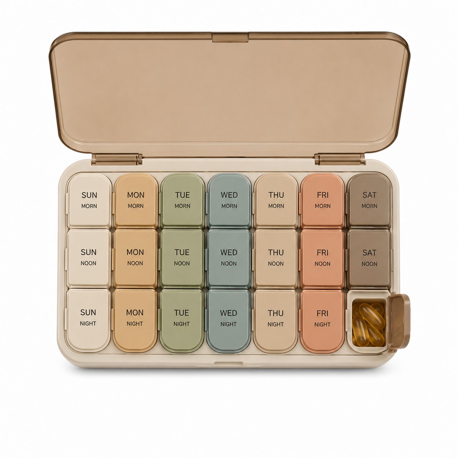 Pillenbox für 7 Tage mit 3 Fächern in Beige, Grün, Blau, Orange und Grau