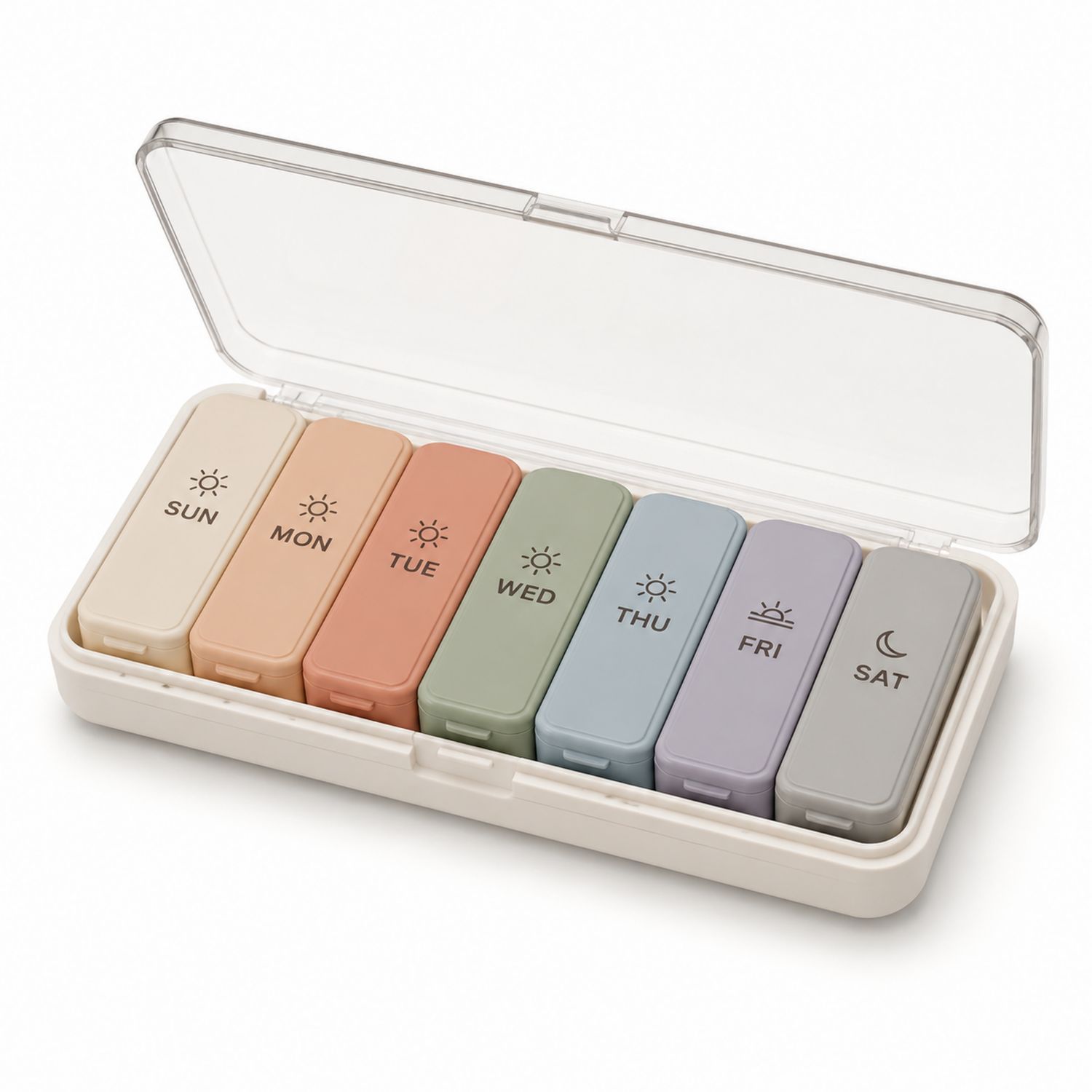 Wöchentlicher Pillenbox-Organizer mit 7 Fächern in Pastellfarben